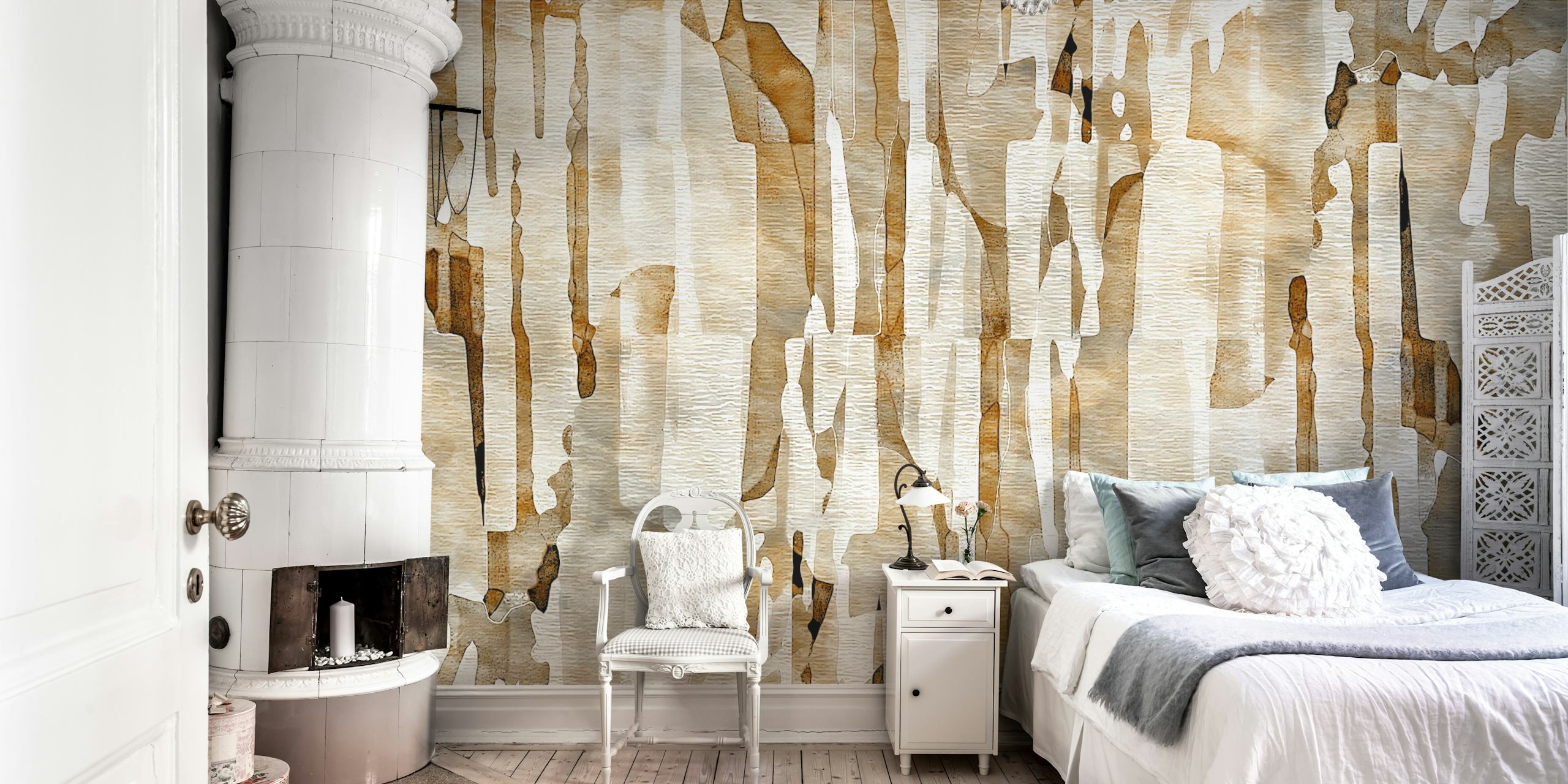Papel de parede Abstract Wooden Strokes em um quarto