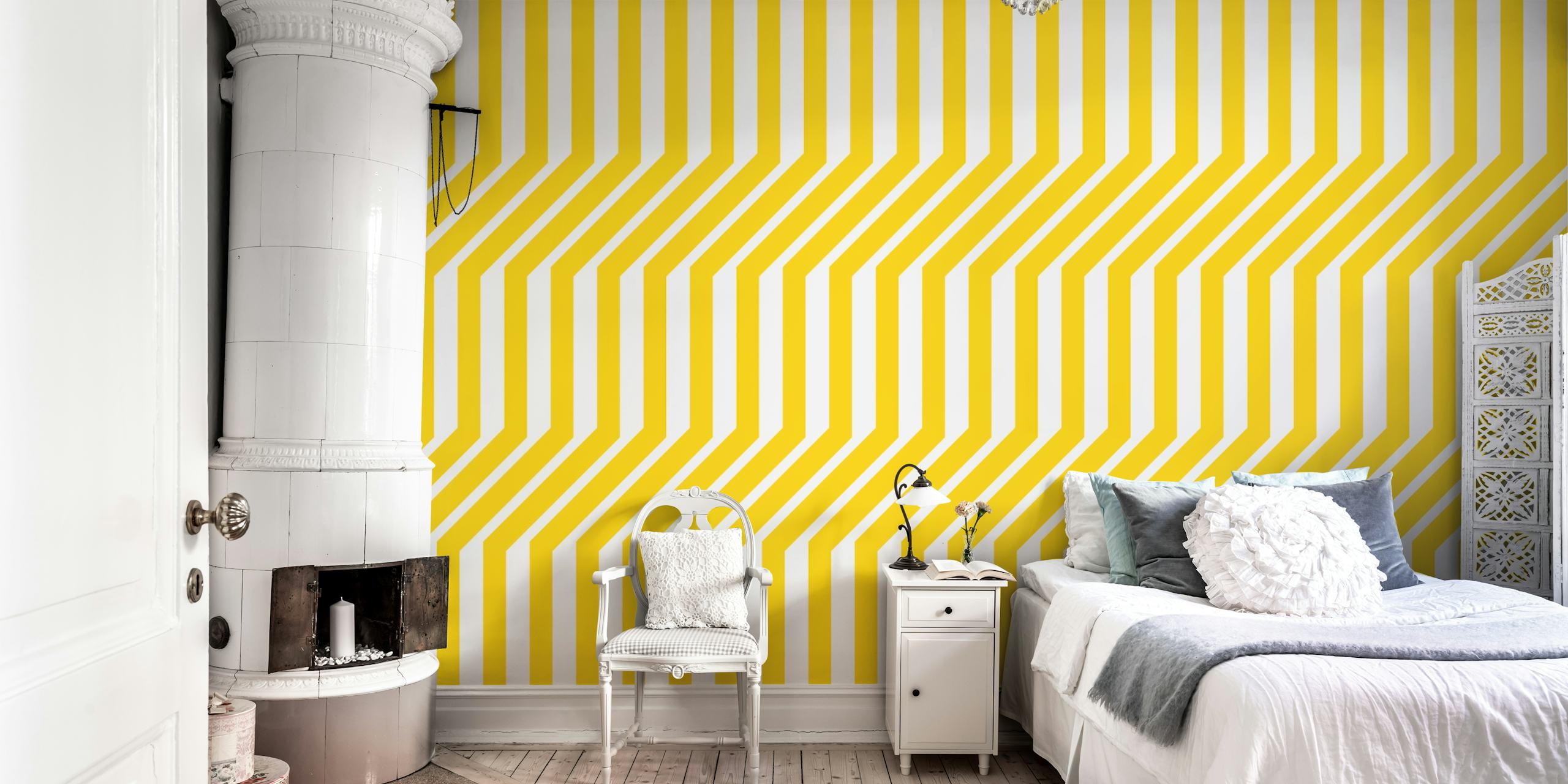 Stripes Mid Century Yellow wallpaper in a room