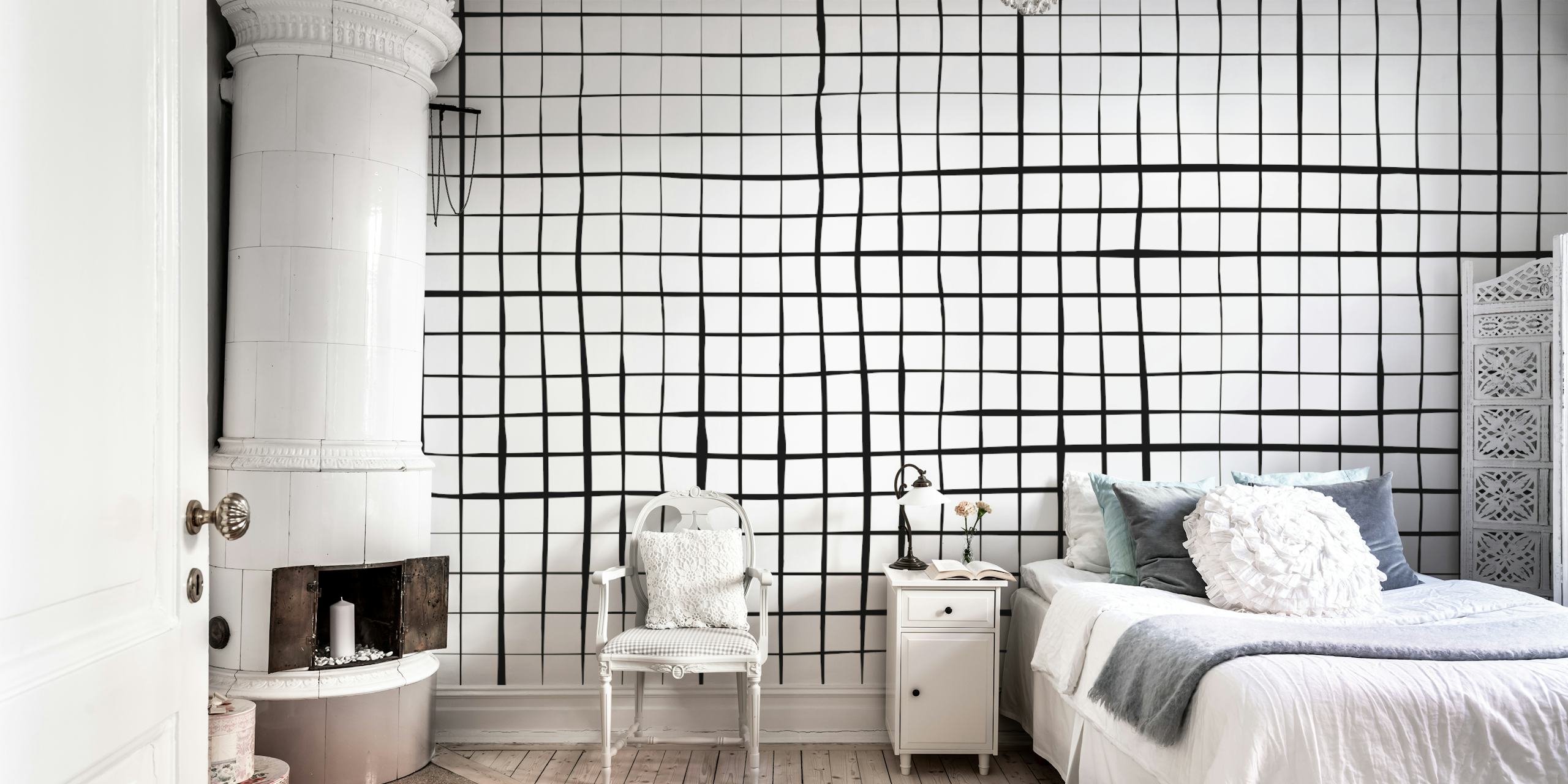 Stripes Grid Black wallpaper in a room