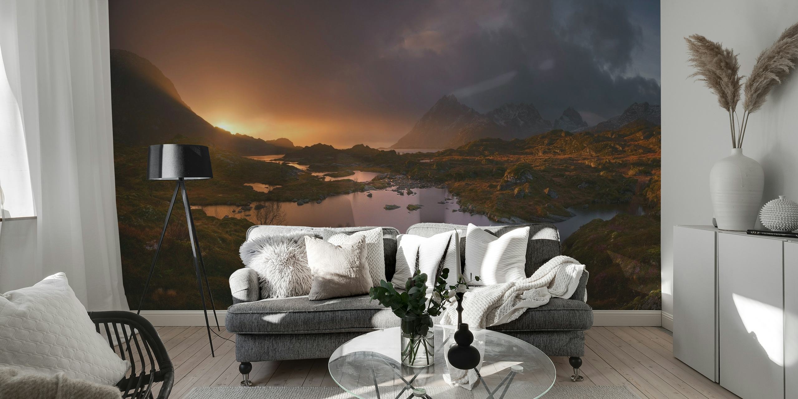 Sunrise over Lofoten wall mural depicting the tranquil dawn light on Norwegian landscape with mountains and lakes.