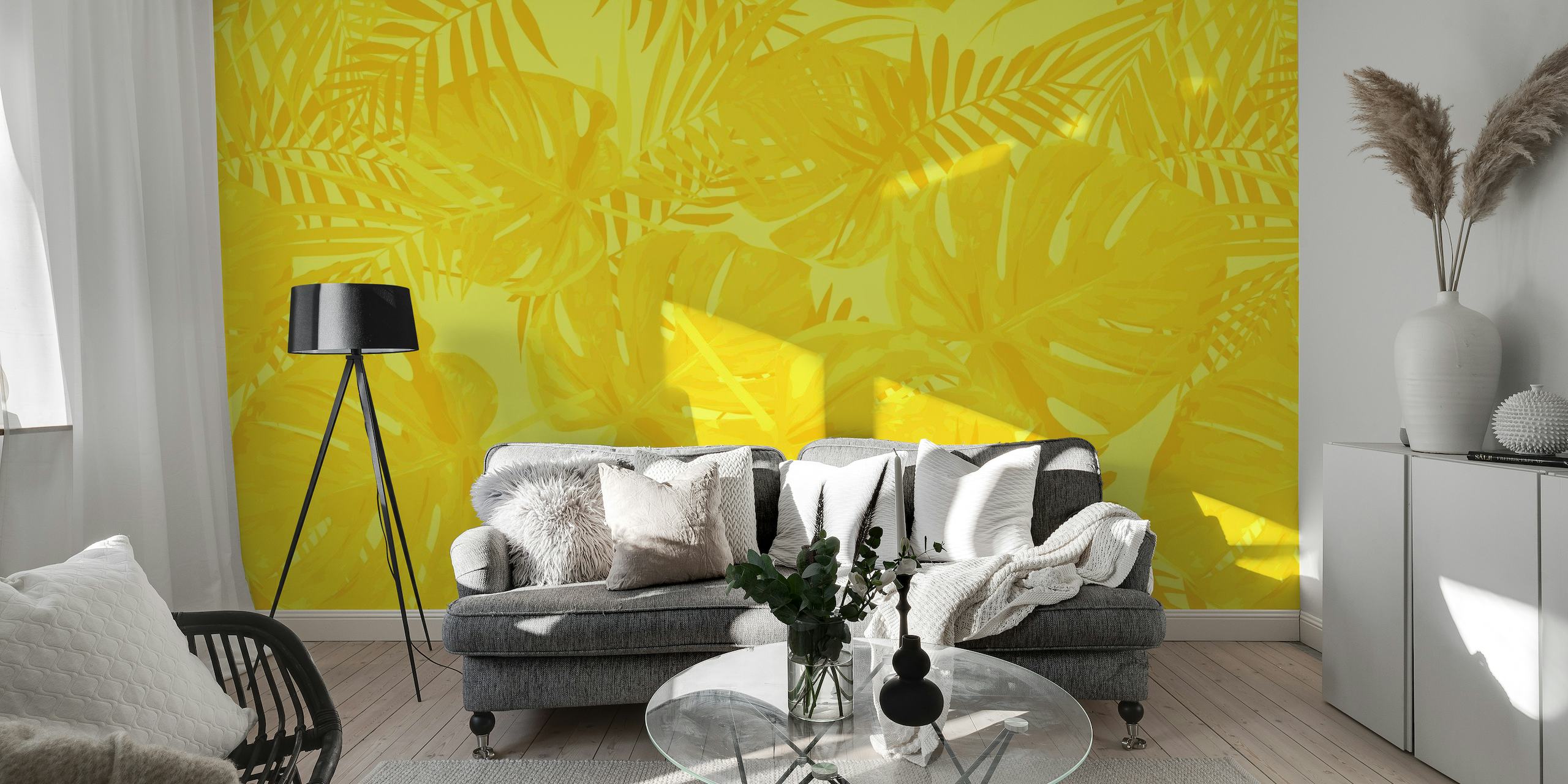 Papel de pared hojas botánico amarillas y beige