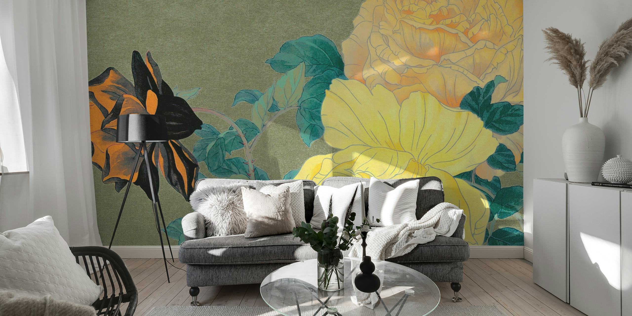 Antique Nordic Peonies wall mural with vintage hues