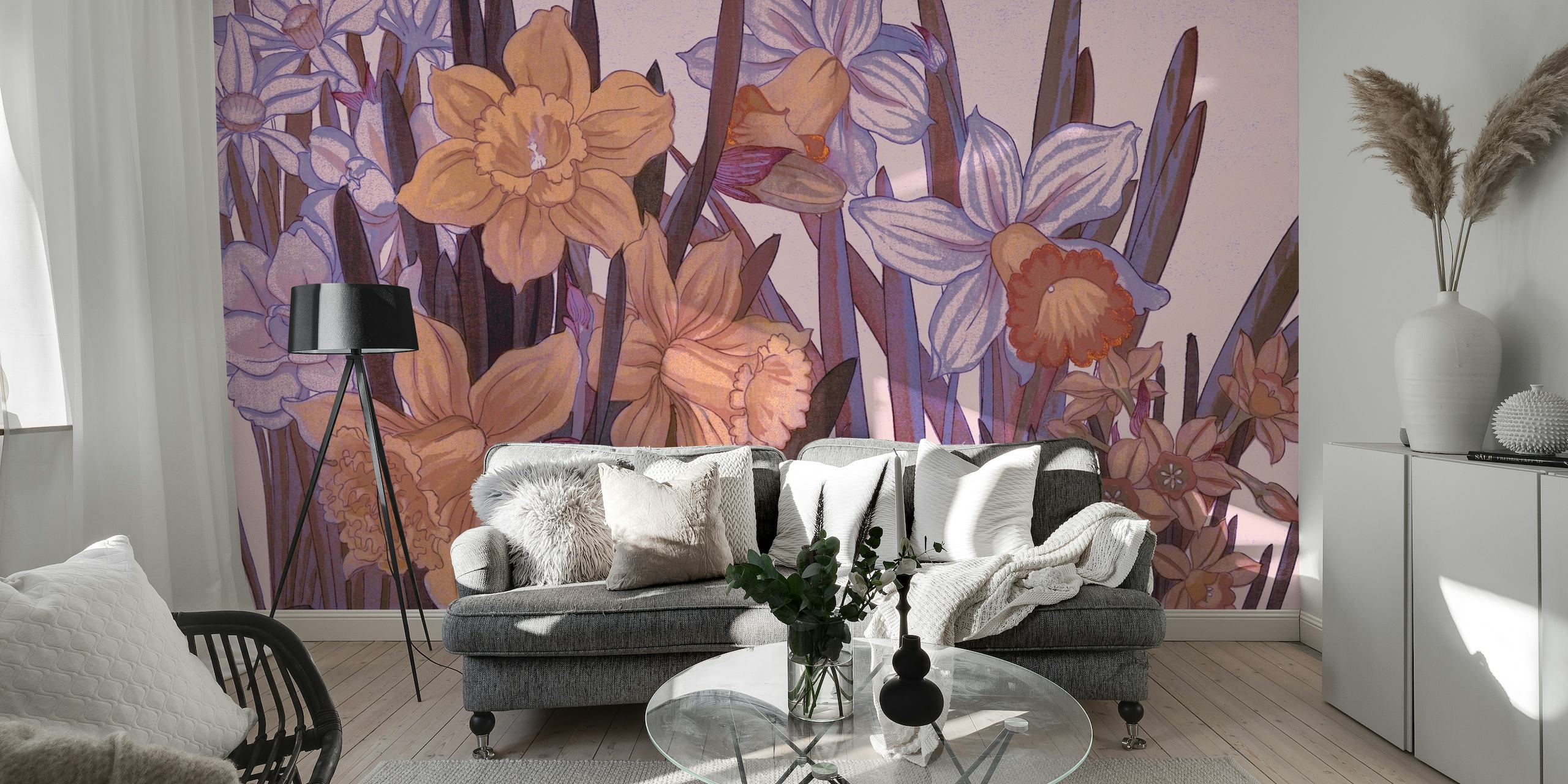 Papier peint floral scandinave mystique avec des fleurs sauvages luxuriantes dans des tons violets et bleus