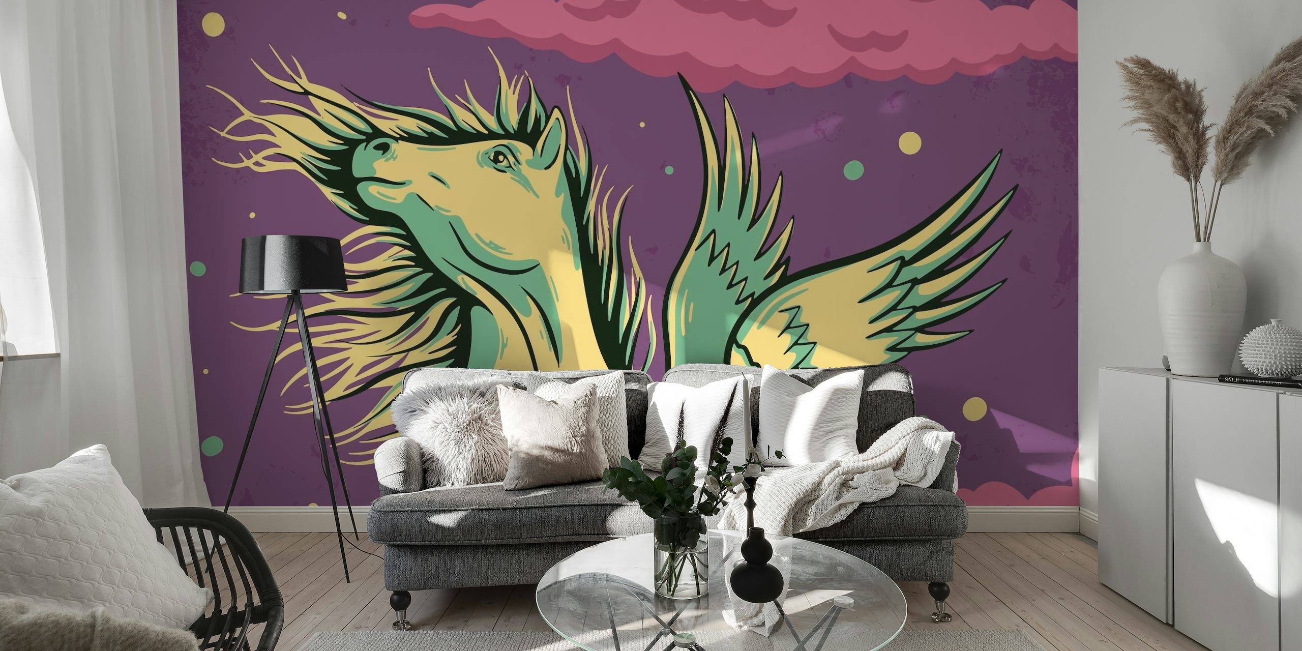 Pegasus vægmaleri med mytisk hest på en stjerneklar lilla himmel