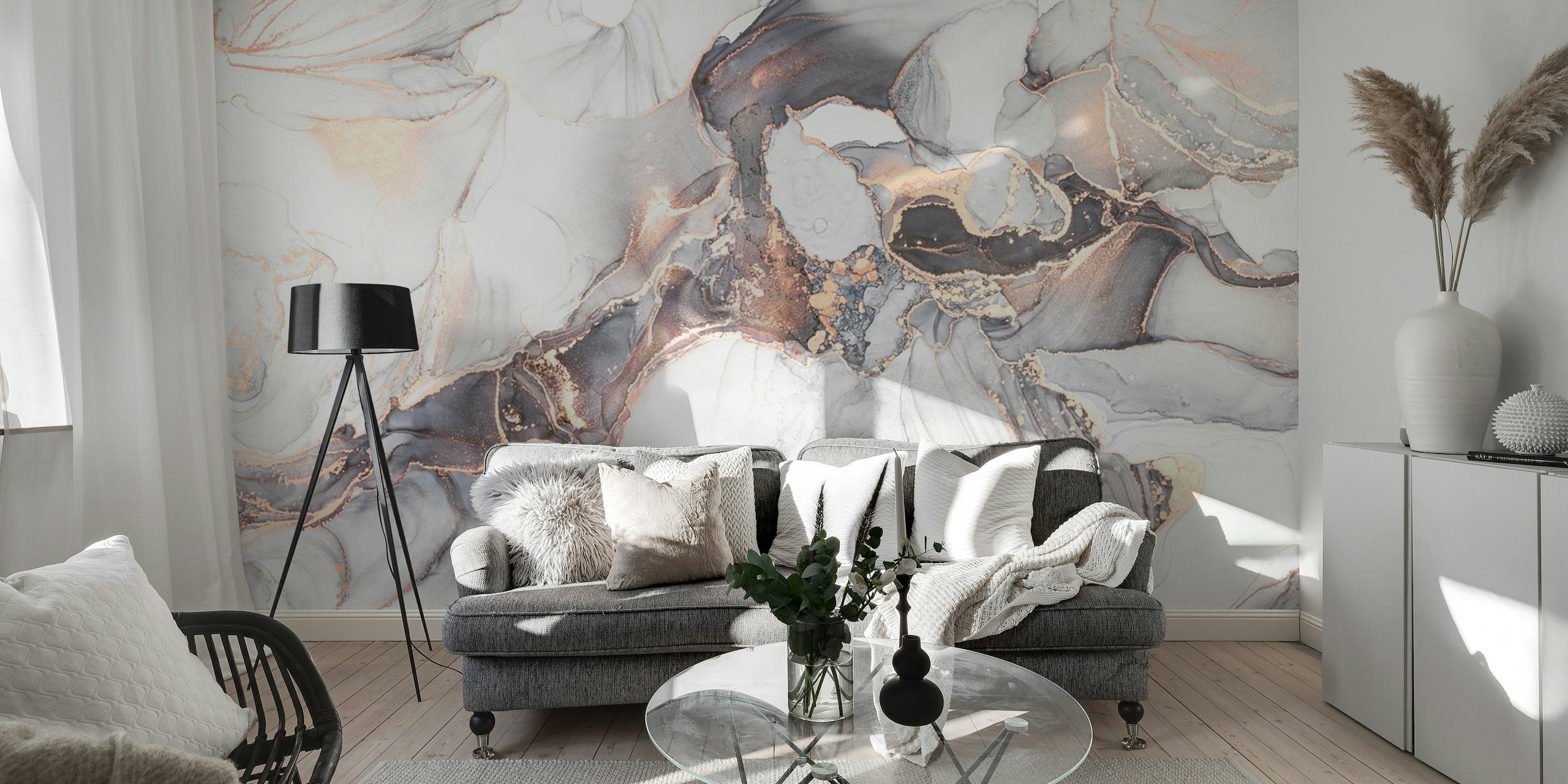 Elegant marble ink pattern wall mural with gray and copper tones