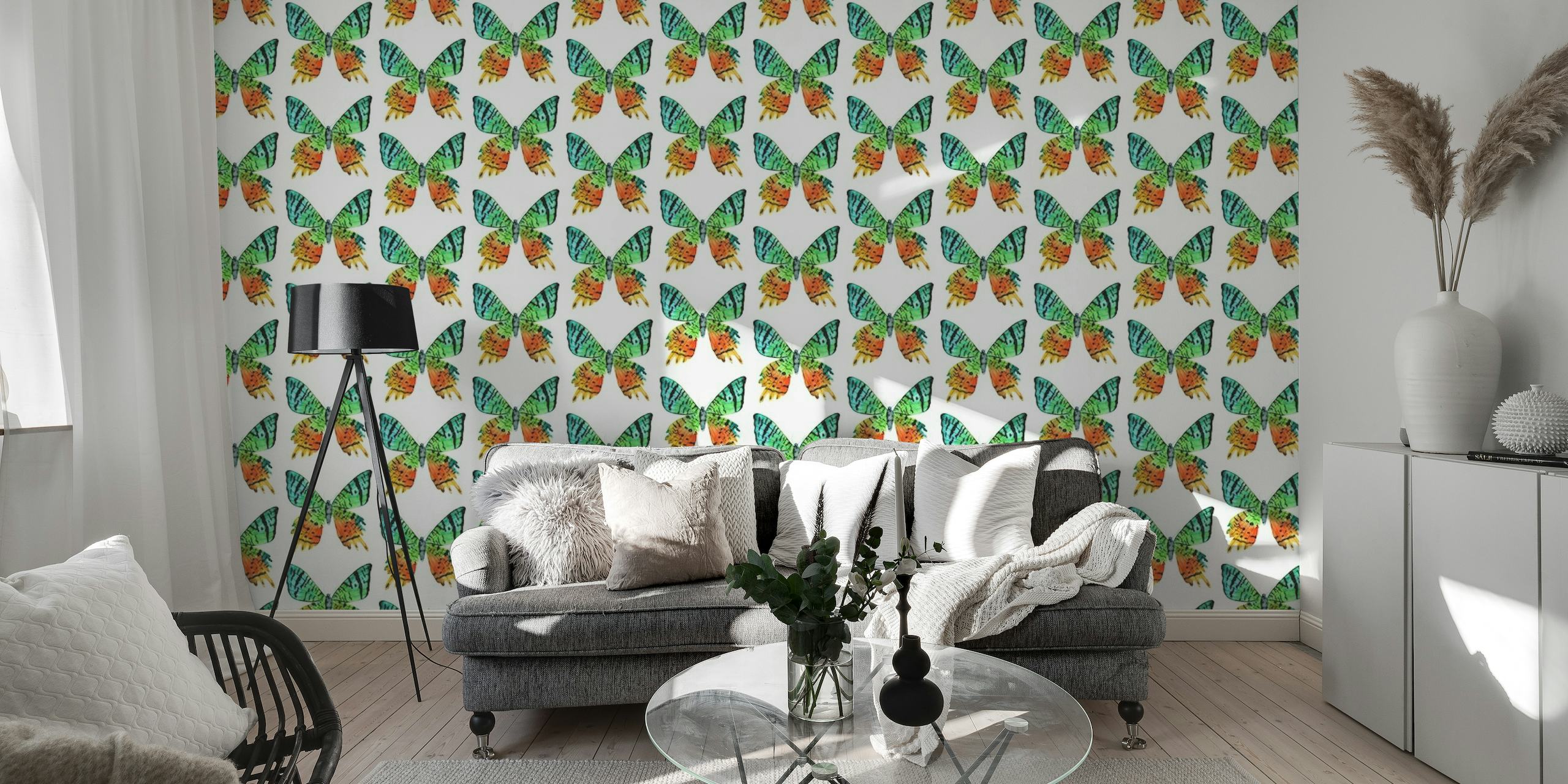Madagascar Sunset Moth pattern wall mural with vibrant orange and green colors