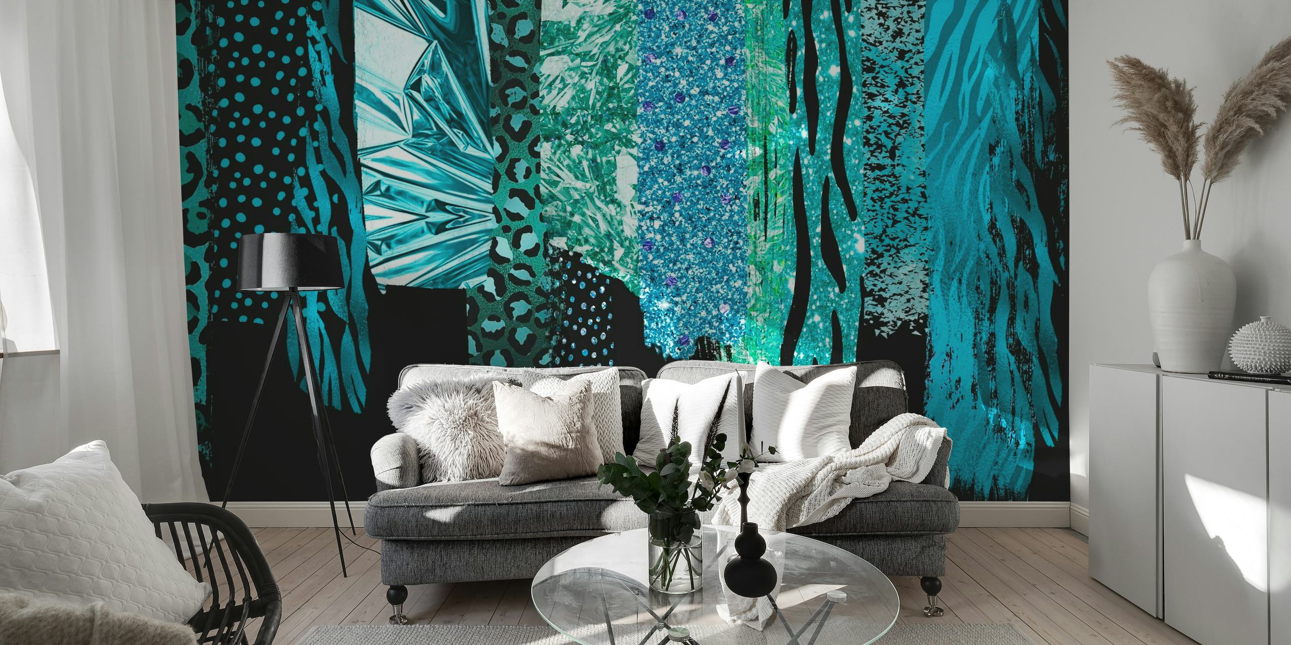 Elegant blågrønt stribet vægmaleri med et tekstureret design