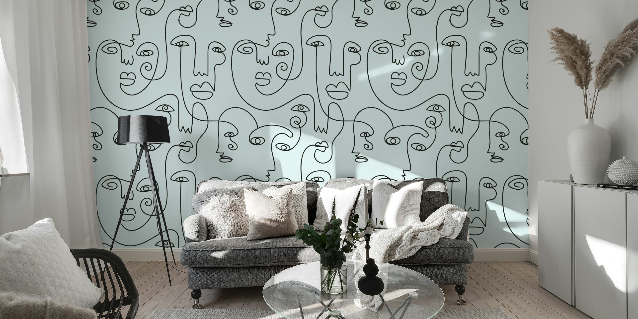Arte lineal abstracto inspirado en Picasso que presenta siluetas femeninas en un patrón continuo en un mural de pared