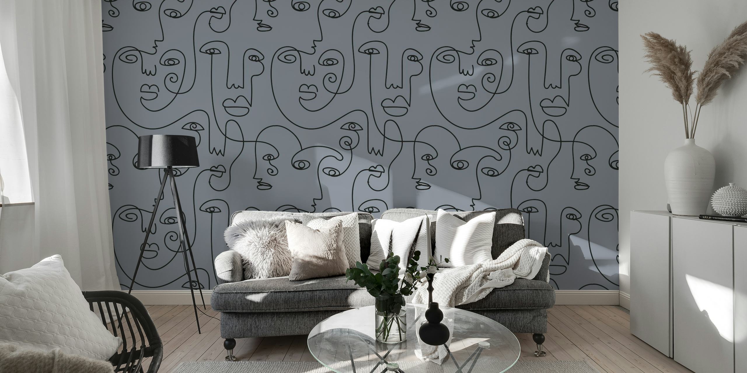 Mural de parede com rostos abstratos cinza inspirados em Picasso para decoração de interiores moderna