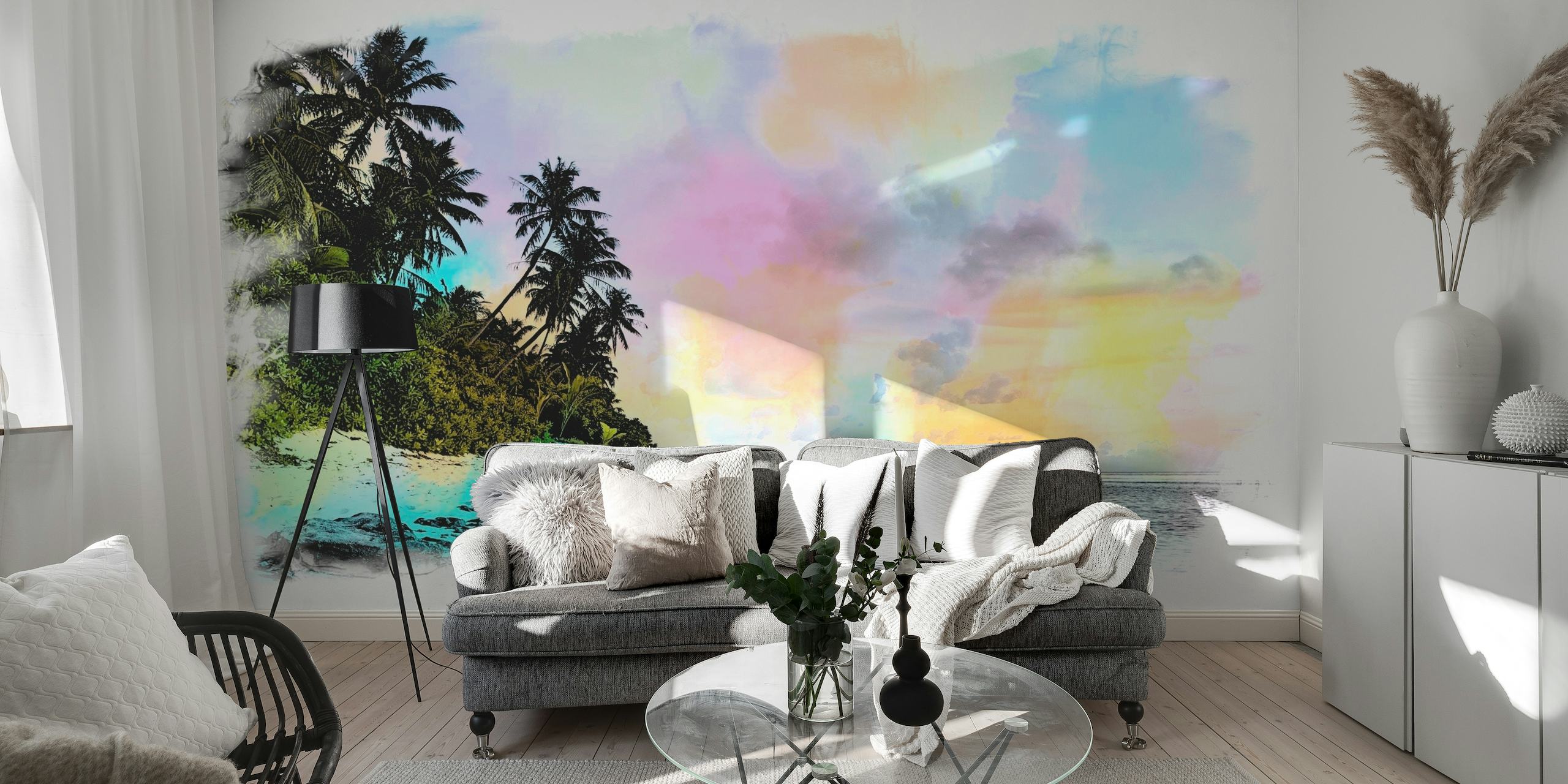 Representação artística em aquarela de uma praia de verão com palmeiras e céus em tons pastéis