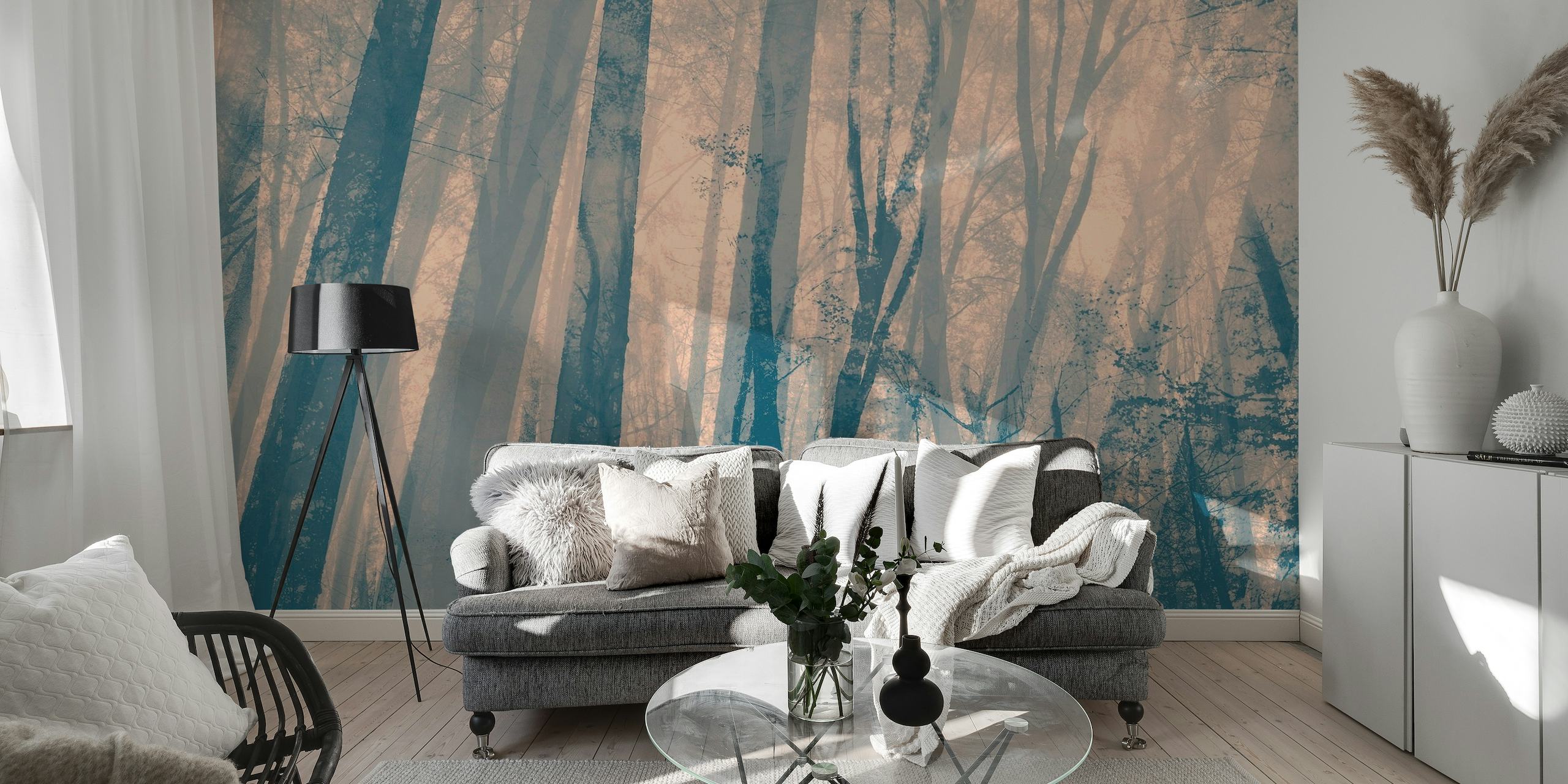 Muted color forest wall mural with soft tones and serene trees