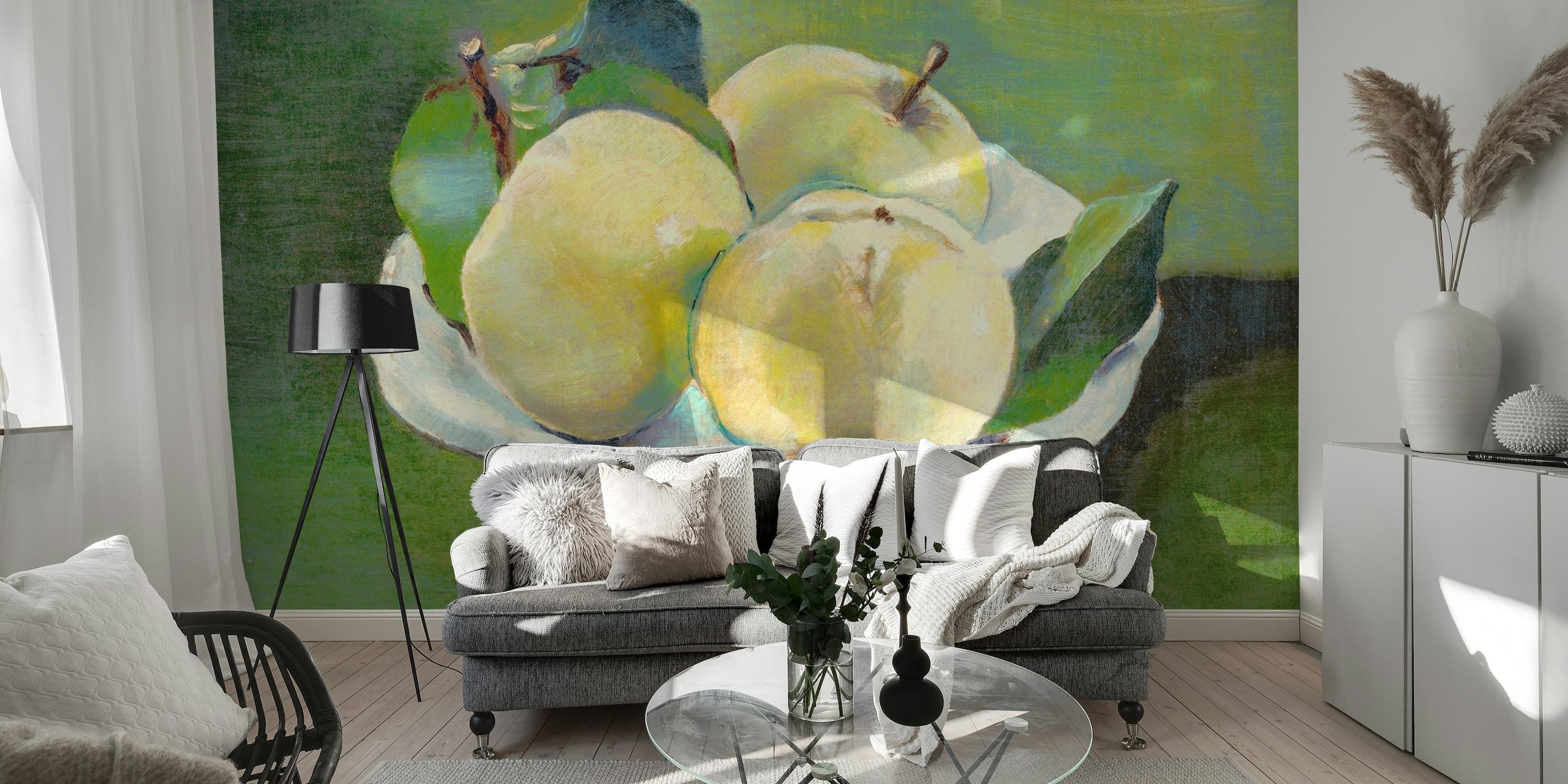 Still life wall mural of ripe apples on a plate with a soft green background
