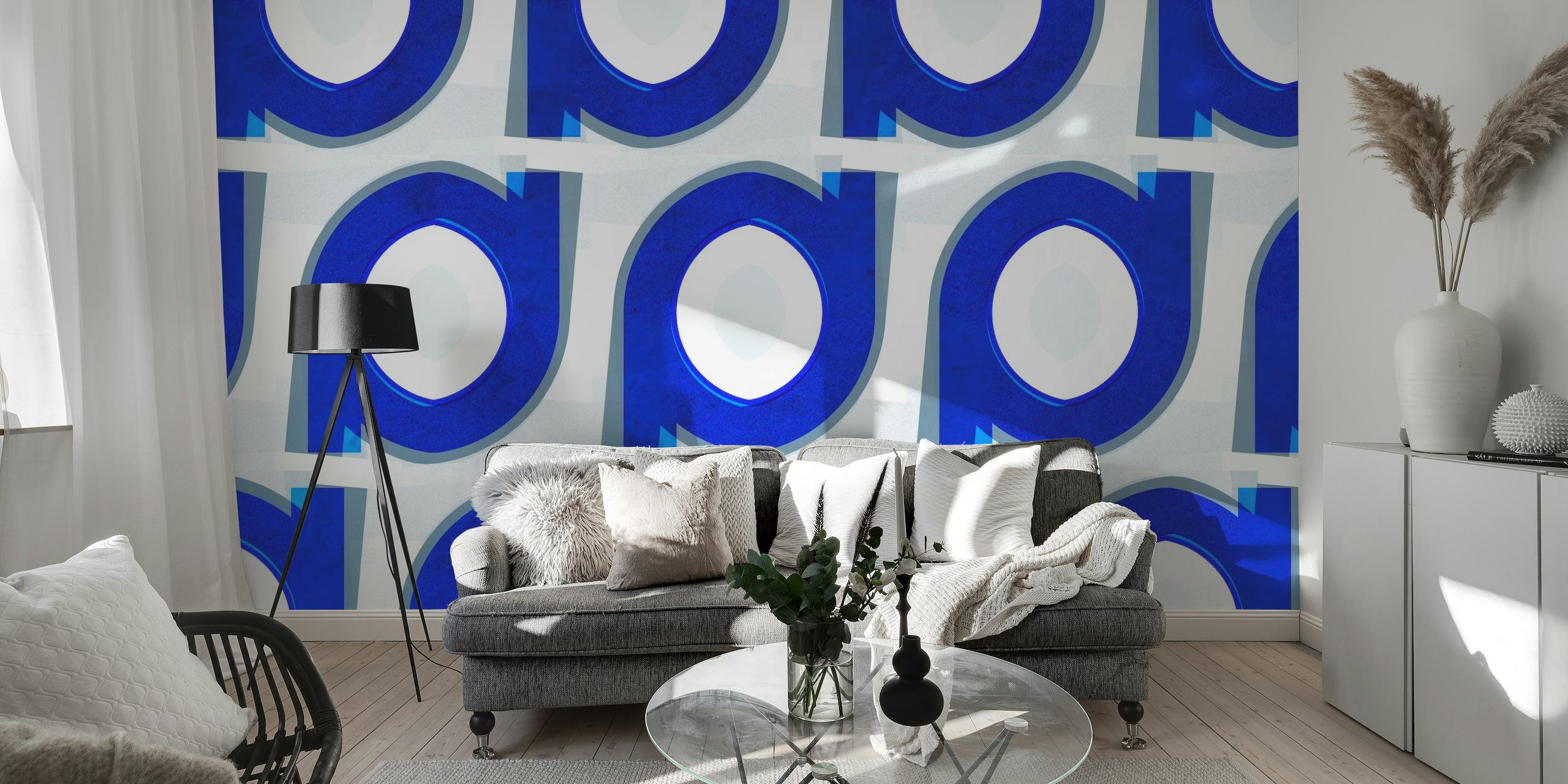 Blauwgrijze fotobehang uit het midden van de eeuw met retro blauwe en grijze cirkelvormige patronen