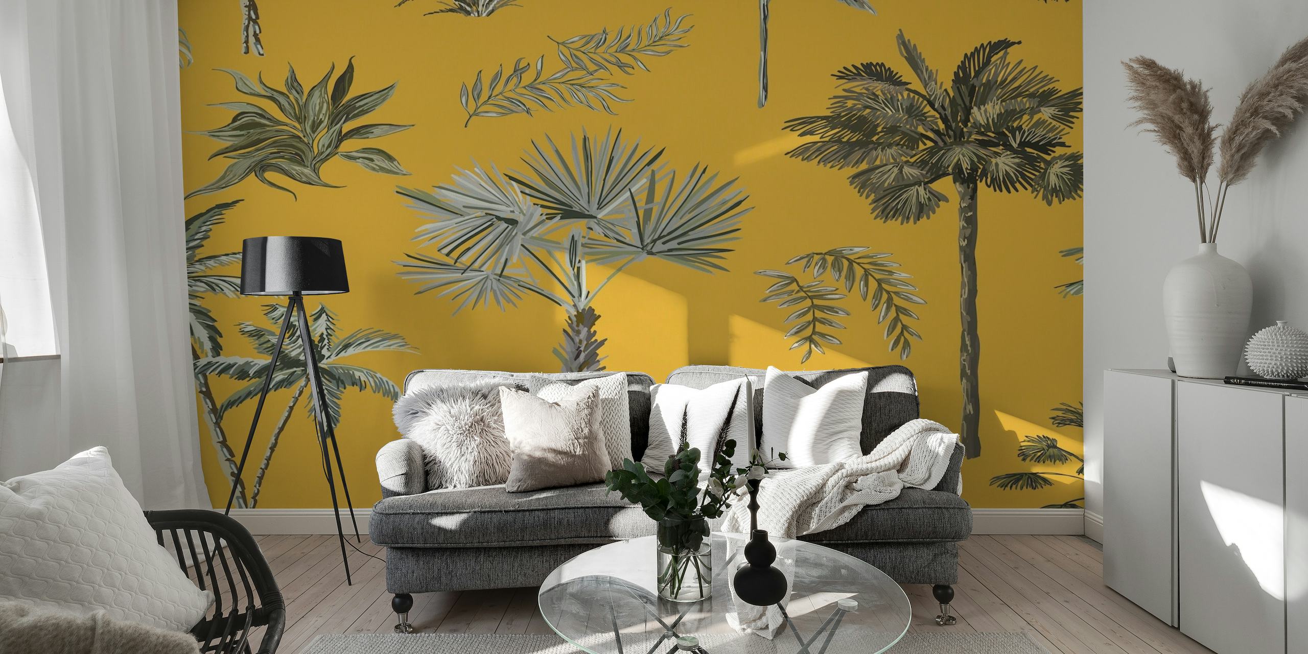 Tropical tree silhouettes against a sunset backdrop wall mural