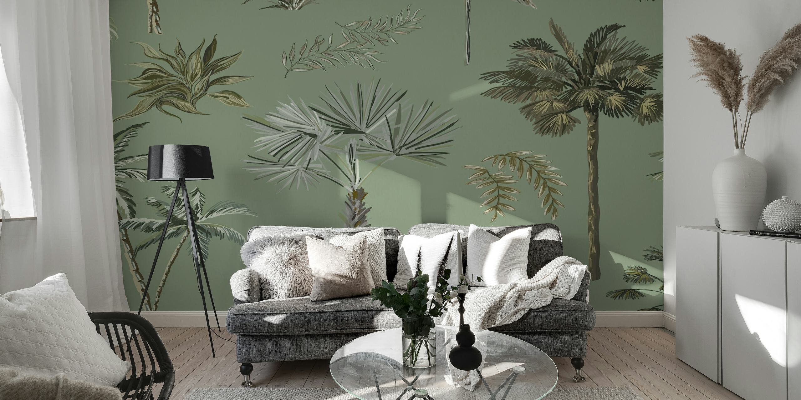 Tropische palmboom muurschildering in groentinten voor interieur