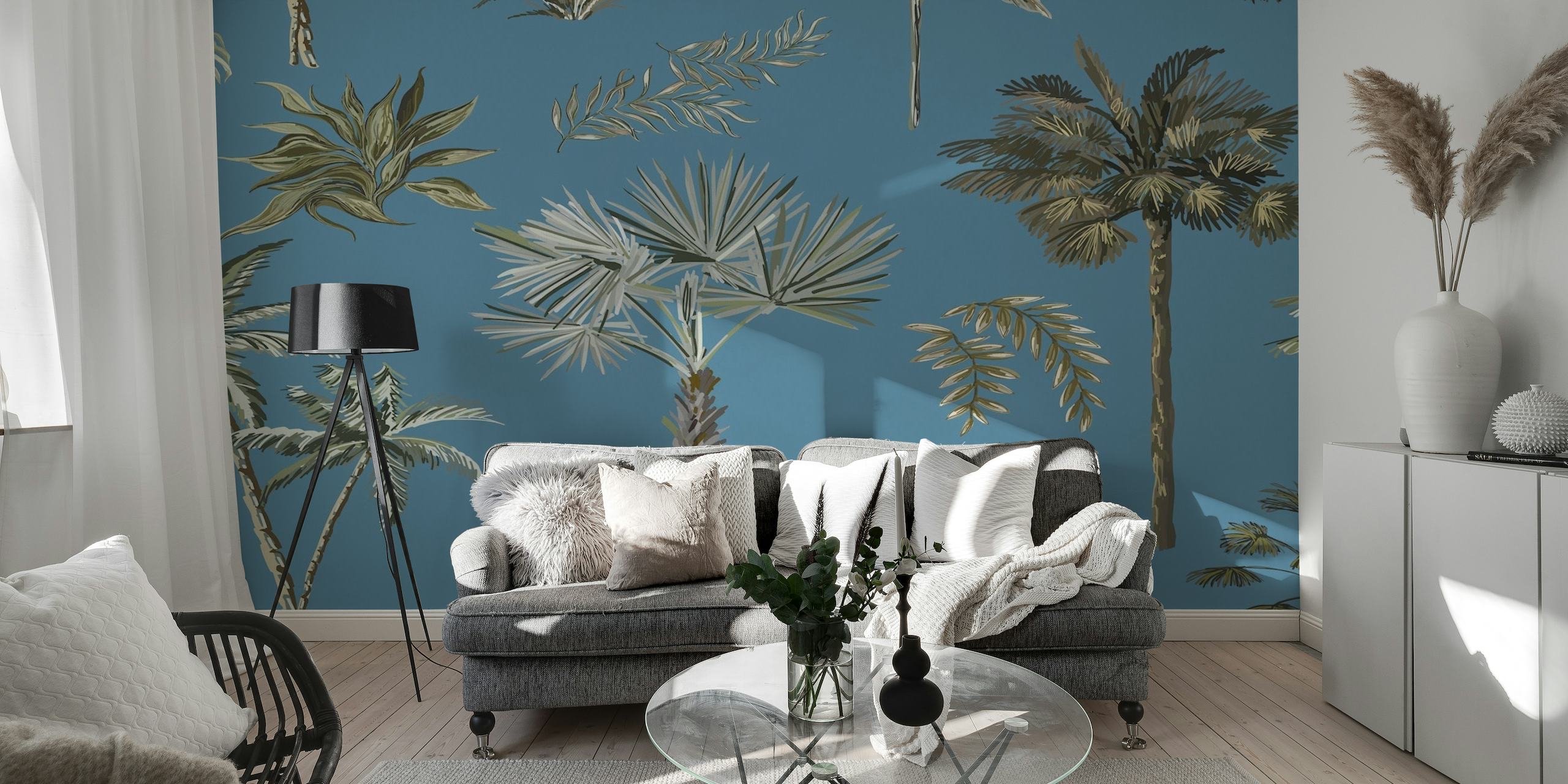 Tropische palmbomen op een blauwe achtergrondmuurschildering