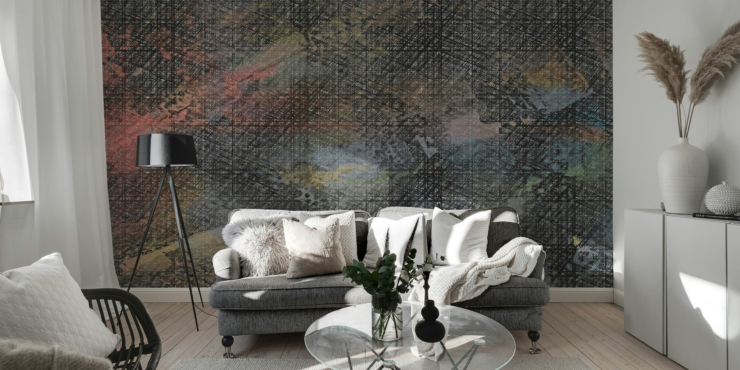 Nordic mid-century style wall mural with pale pastel geometric patterns