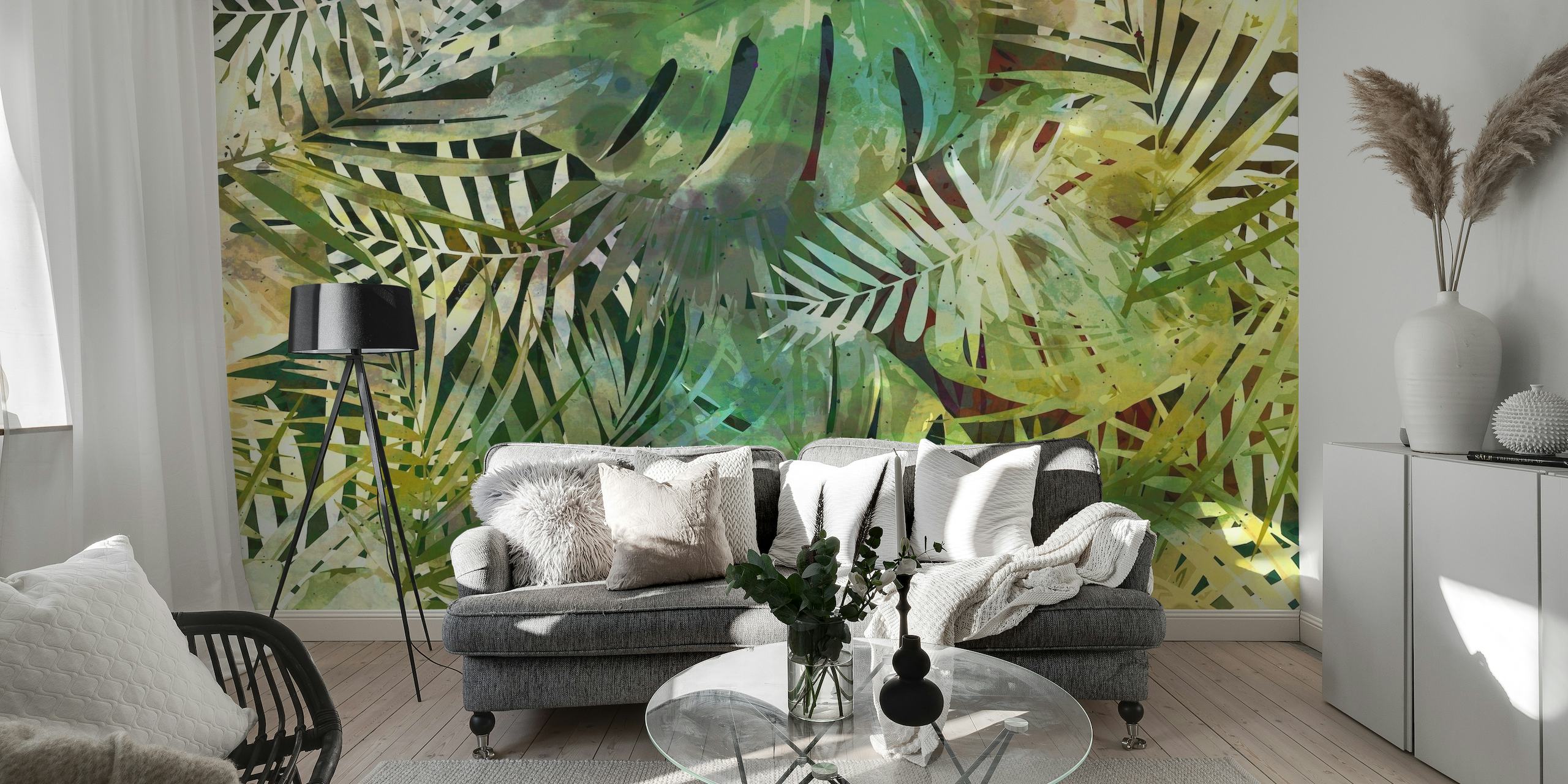 Tropisch junglegebladerte met een overlay muurschildering met grungetextuur