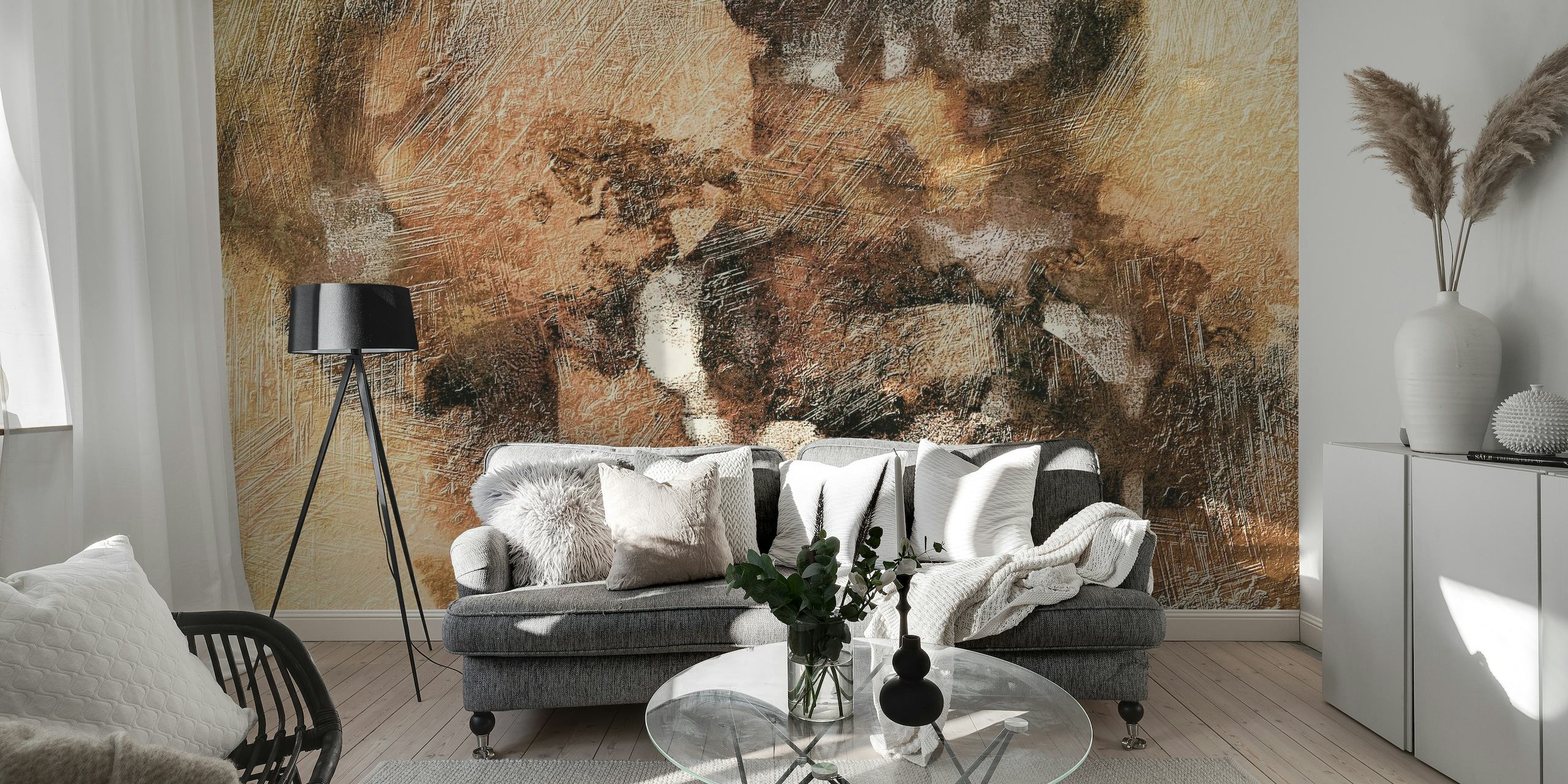 Decorazione murale astratta in metallo caldo con toni terrosi e metallici in un design materico