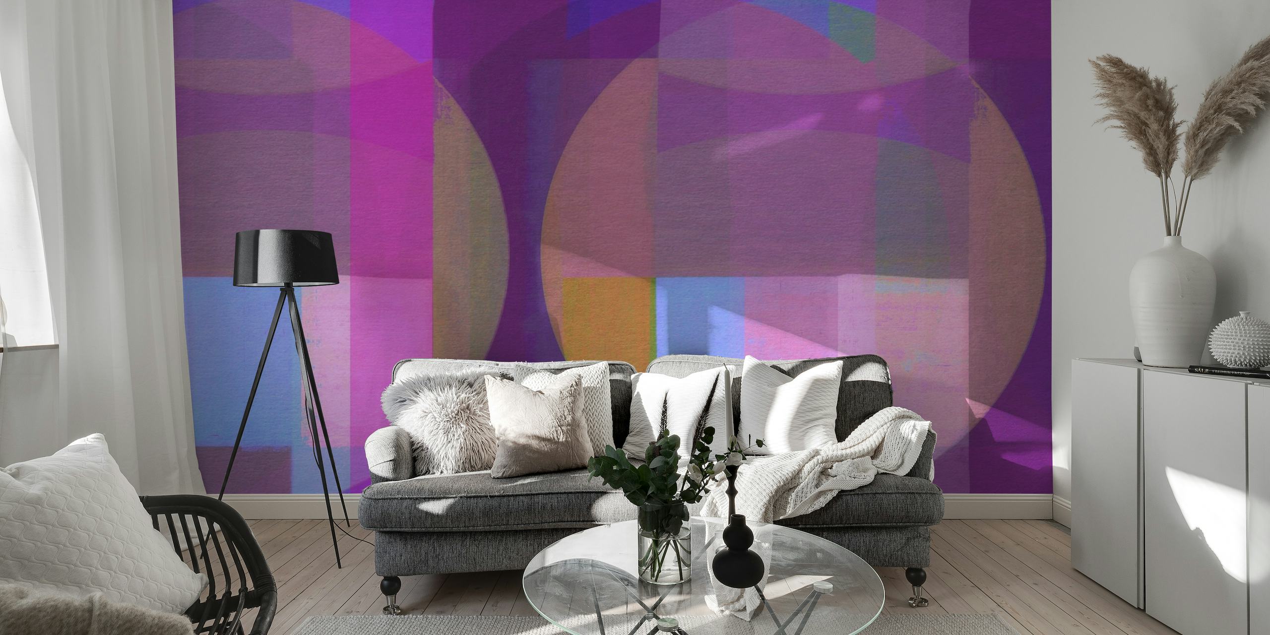 Abstract Bordeaux Magenta Mid Century wall mural featuring geometric and organic shapes