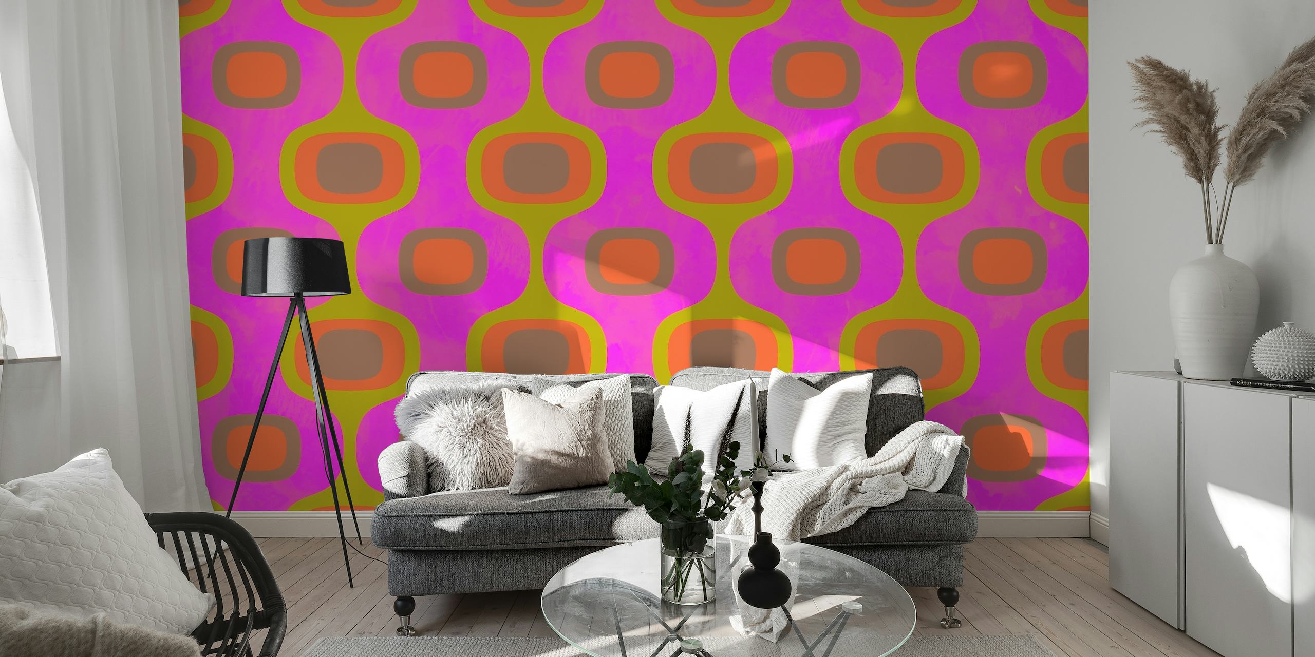 Mid-Century Neon Abstract wall mural with neon pink and muted gold shapes on a purple background.
