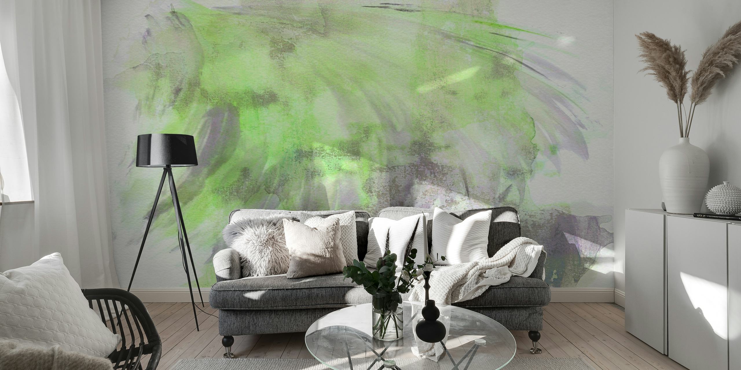 Abstrakti trooppinen wabi sabi seinämaalaus rauhoittavilla vihreillä siveltimen vedoilla