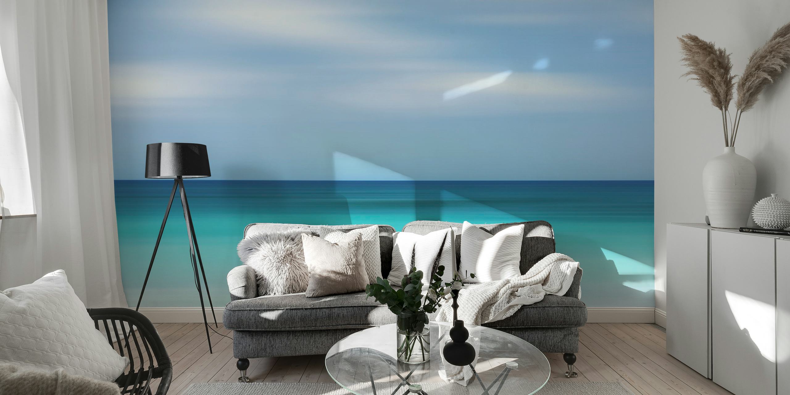 Serene beach sunset wall mural with turquoise waters and soft sand tones