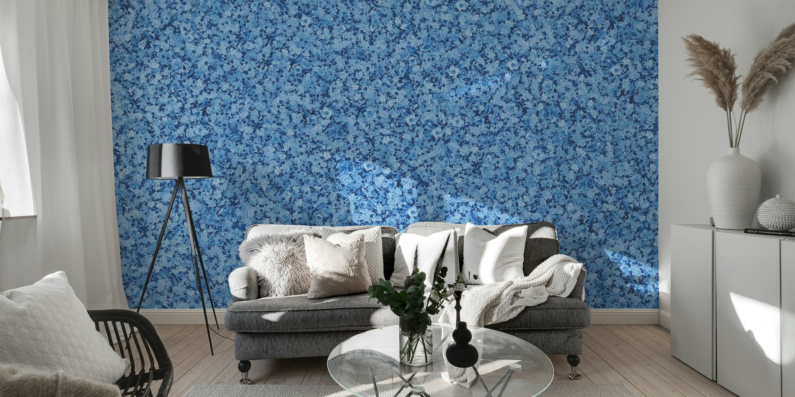 Birds and flowers blue wallpaper
