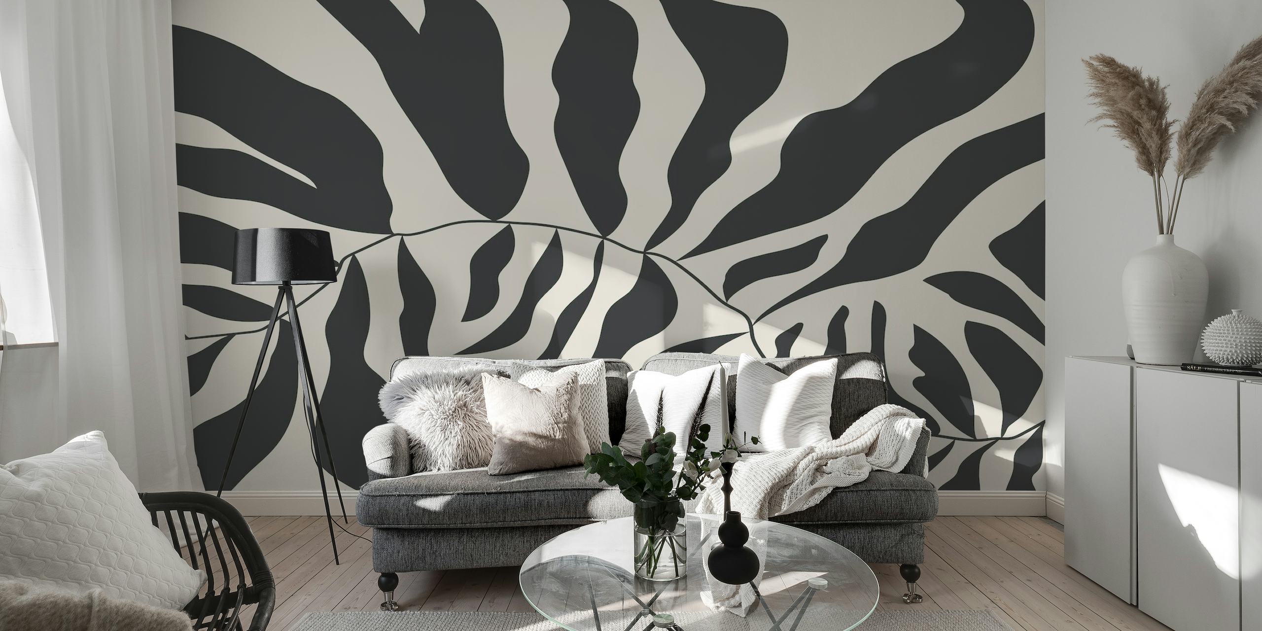 Mustavalkoinen abstrakti Matisse-tyylinen seinämaalaus, joka kuvaa orgaanisia muotoja