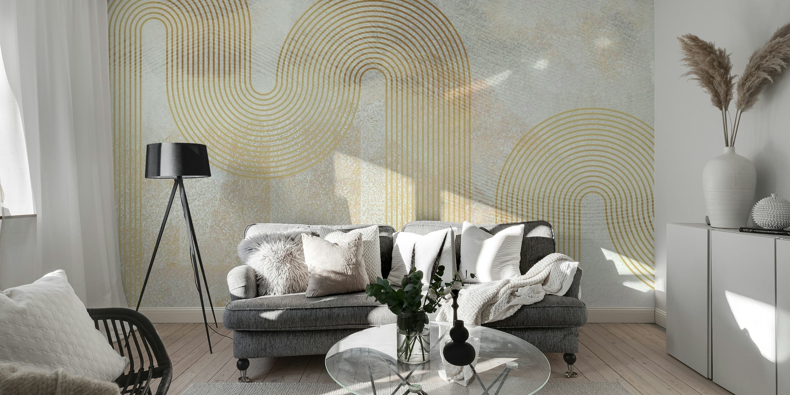 Abstract seventies-style geometric shapes wall mural in neutral tones