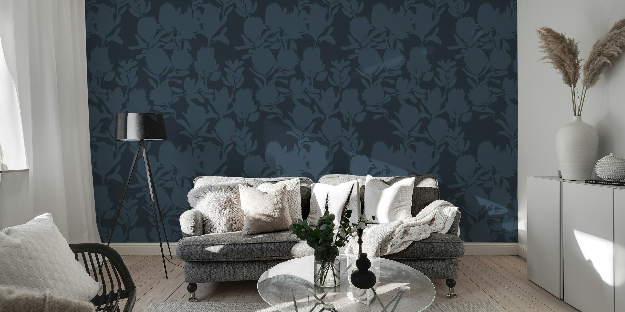Dark blue wall mural with Protea flower silhouettes from happywall.com