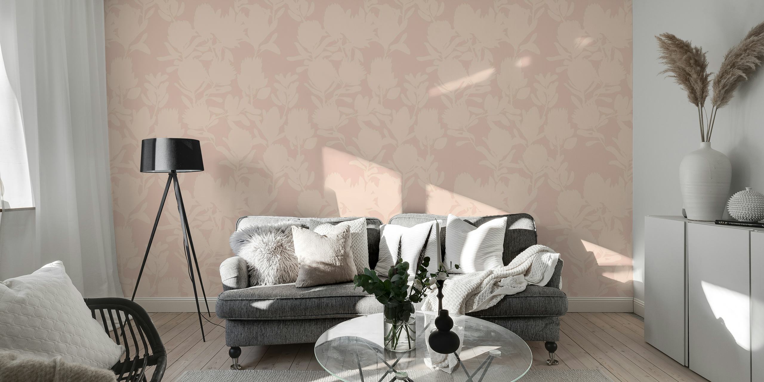 Subtle protea flower pattern on a soft rose-colored background wall mural