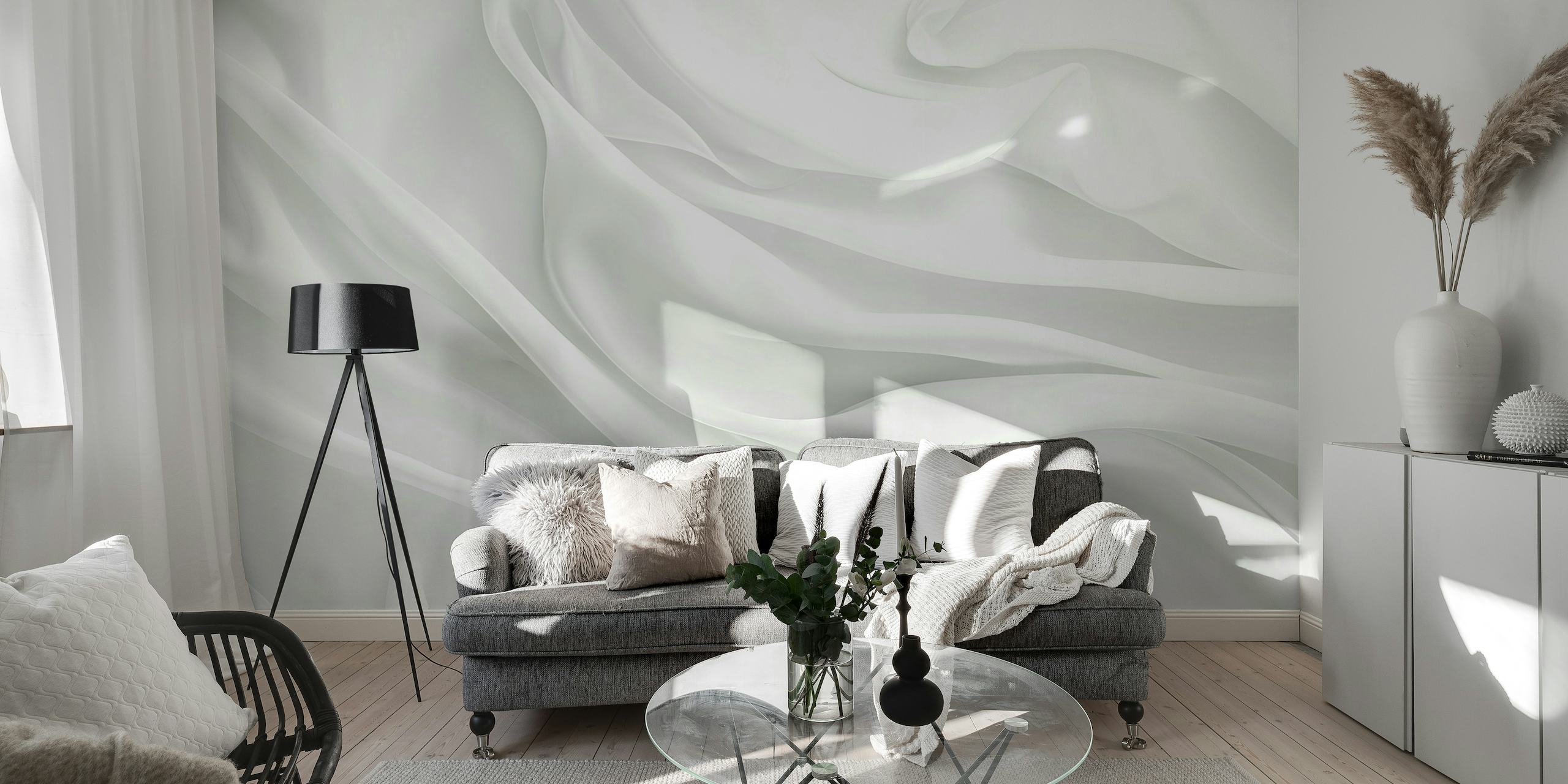 Tyylikäs valkoinen silkkikuvioinen seinämaalaus moderniin sisustukseen