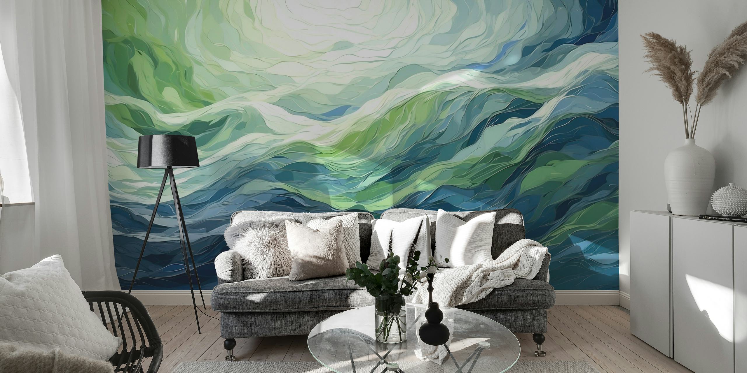Abstract waves in blue and green colors. behang