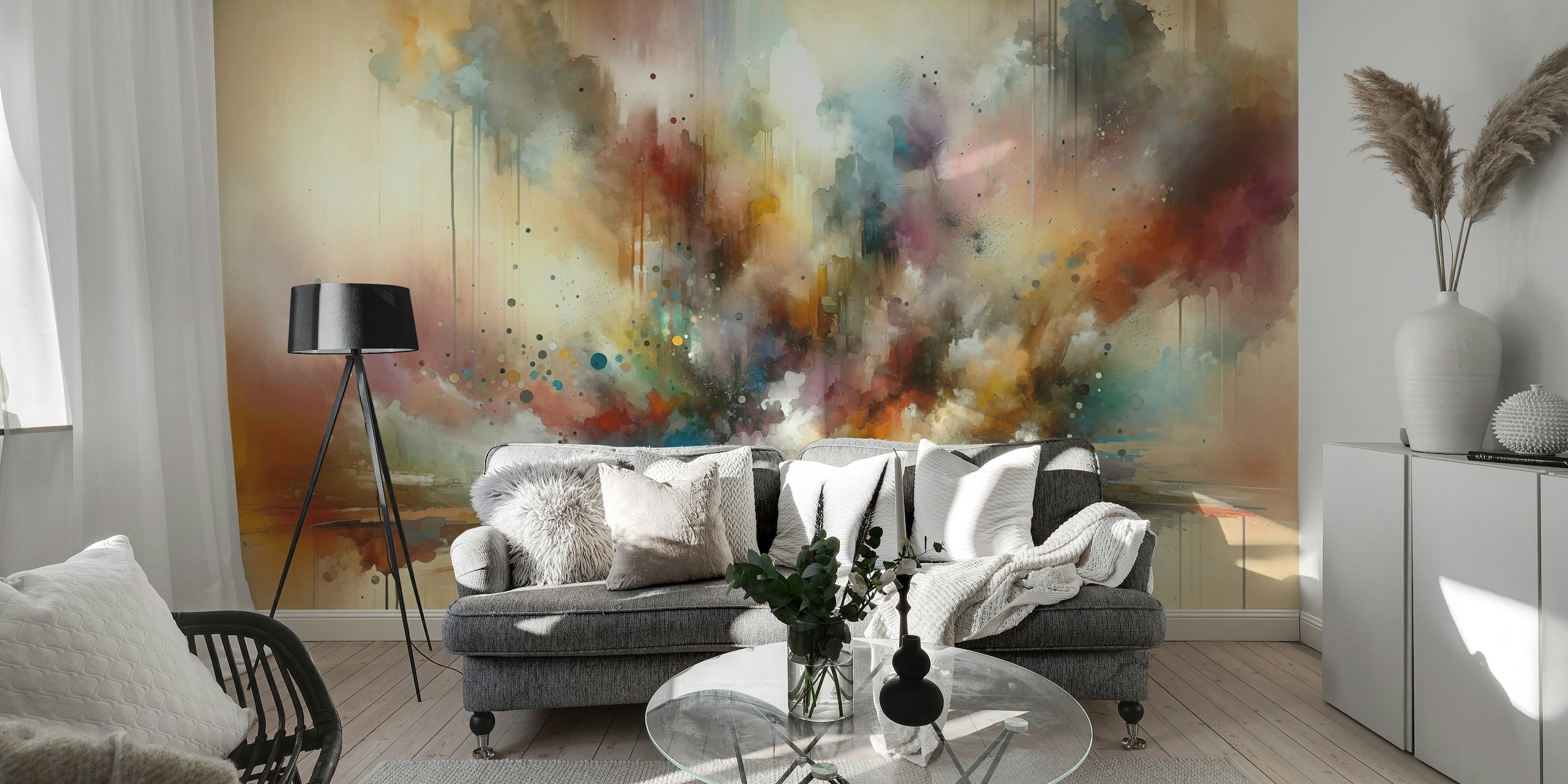 Abstrakt Journey in Earthy Tones vægmaleri med varme farver og dynamiske streger