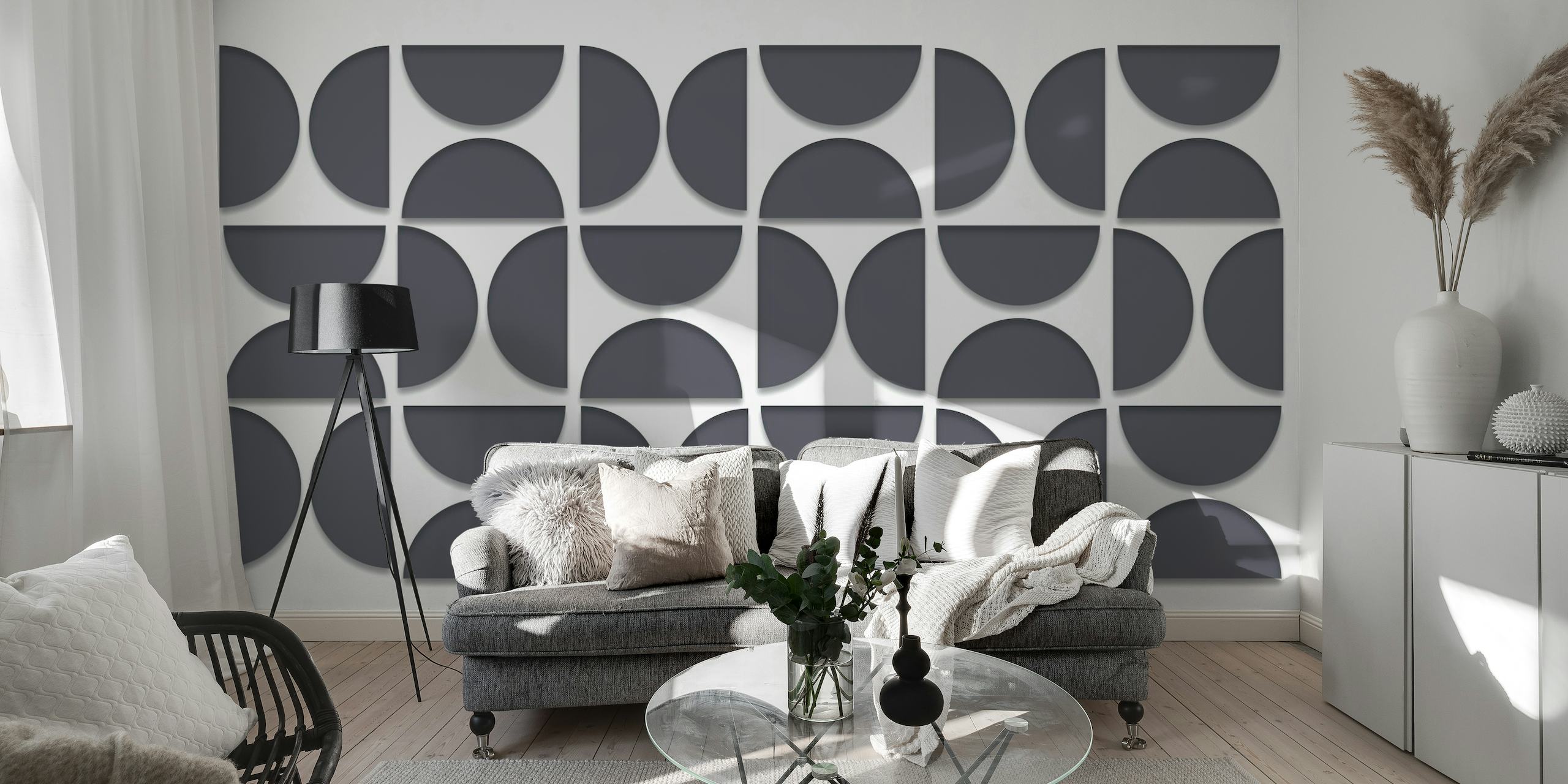 Mural de pared geométrico en blanco y negro con ilusión 3D inspirado en la Bauhaus