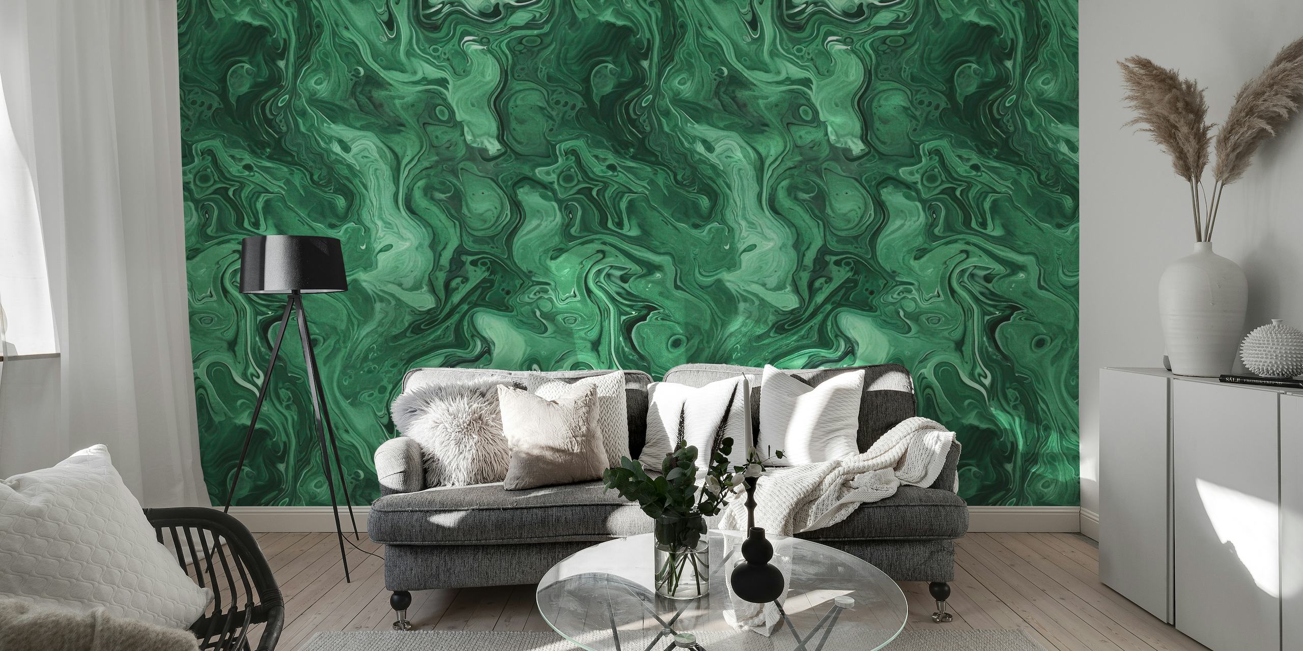 Wandbild mit Aquarellfarben aus grünem Malachit-Edelstein und wirbelnden Jade- und Smaragdmustern