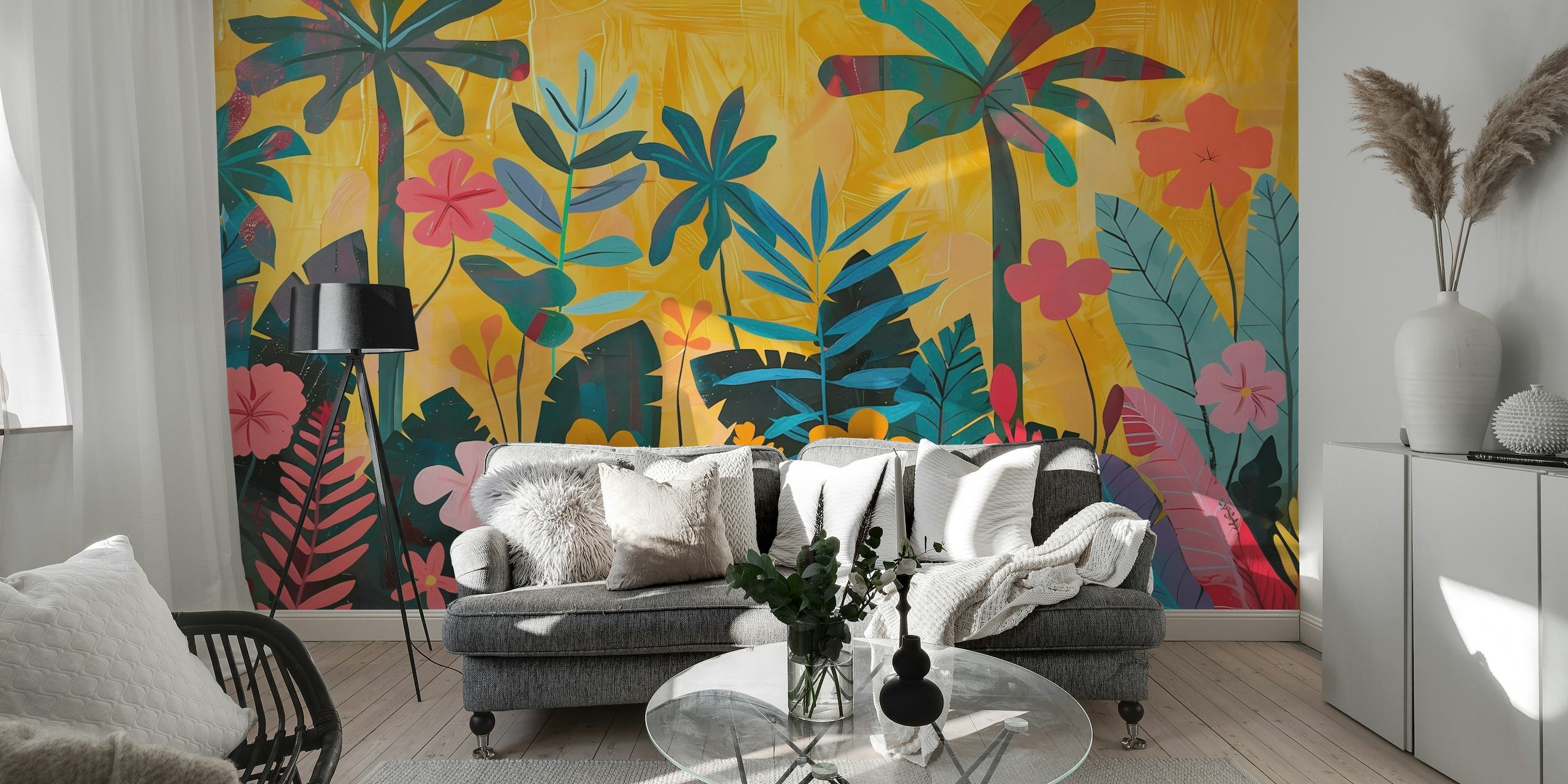 Šareni zidni mural u tropskom vrtu s palmama i živopisnim biljkama