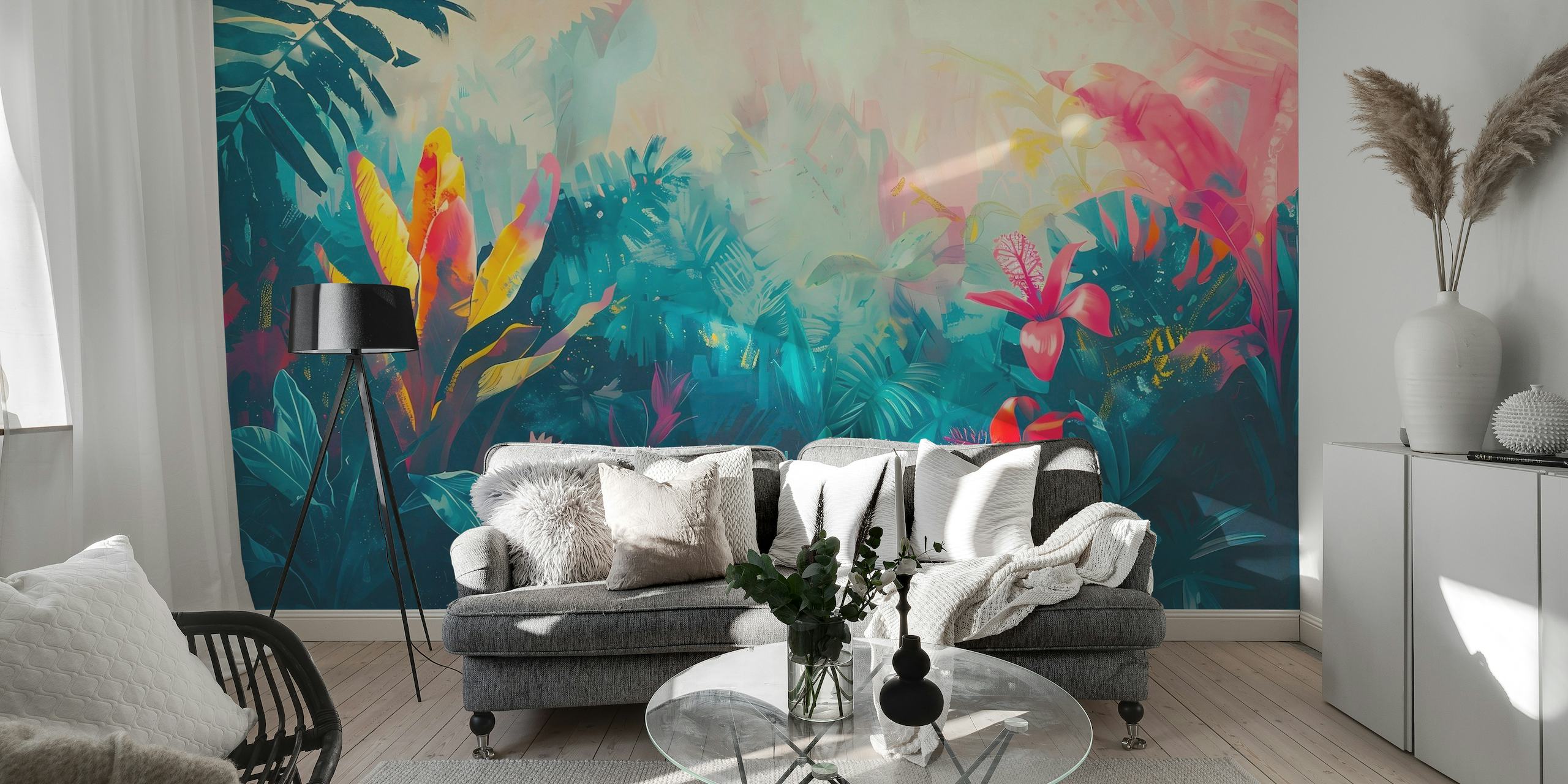 Mural de pared de jardín tropical colorido y vívido con follaje exuberante y flores en flor