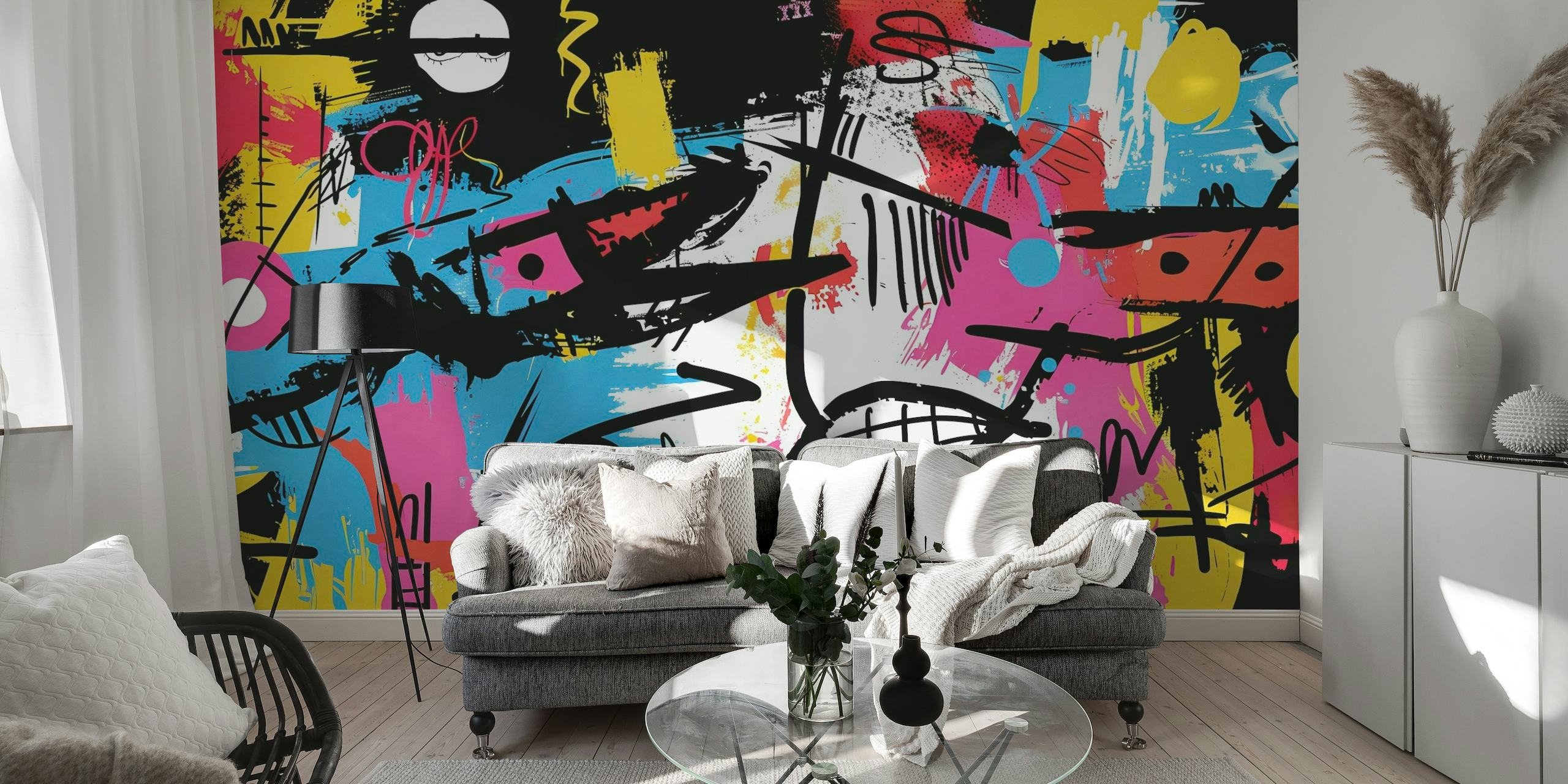 Vibrant street art style wall mural with a mix of colors and graffiti elements