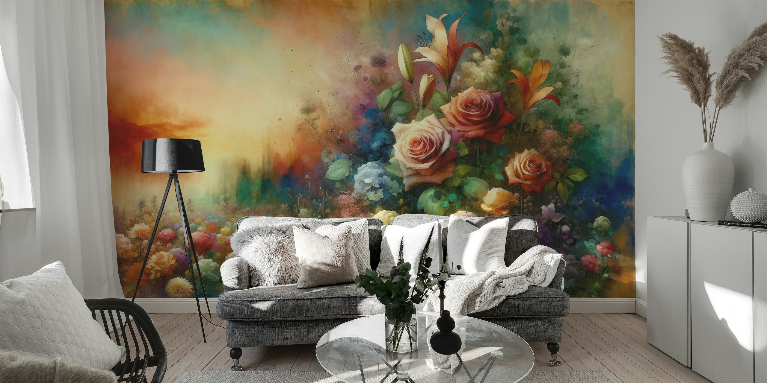 Akvarell vintage konstnärlig trädgård med färgglad blommönster för väggmålning