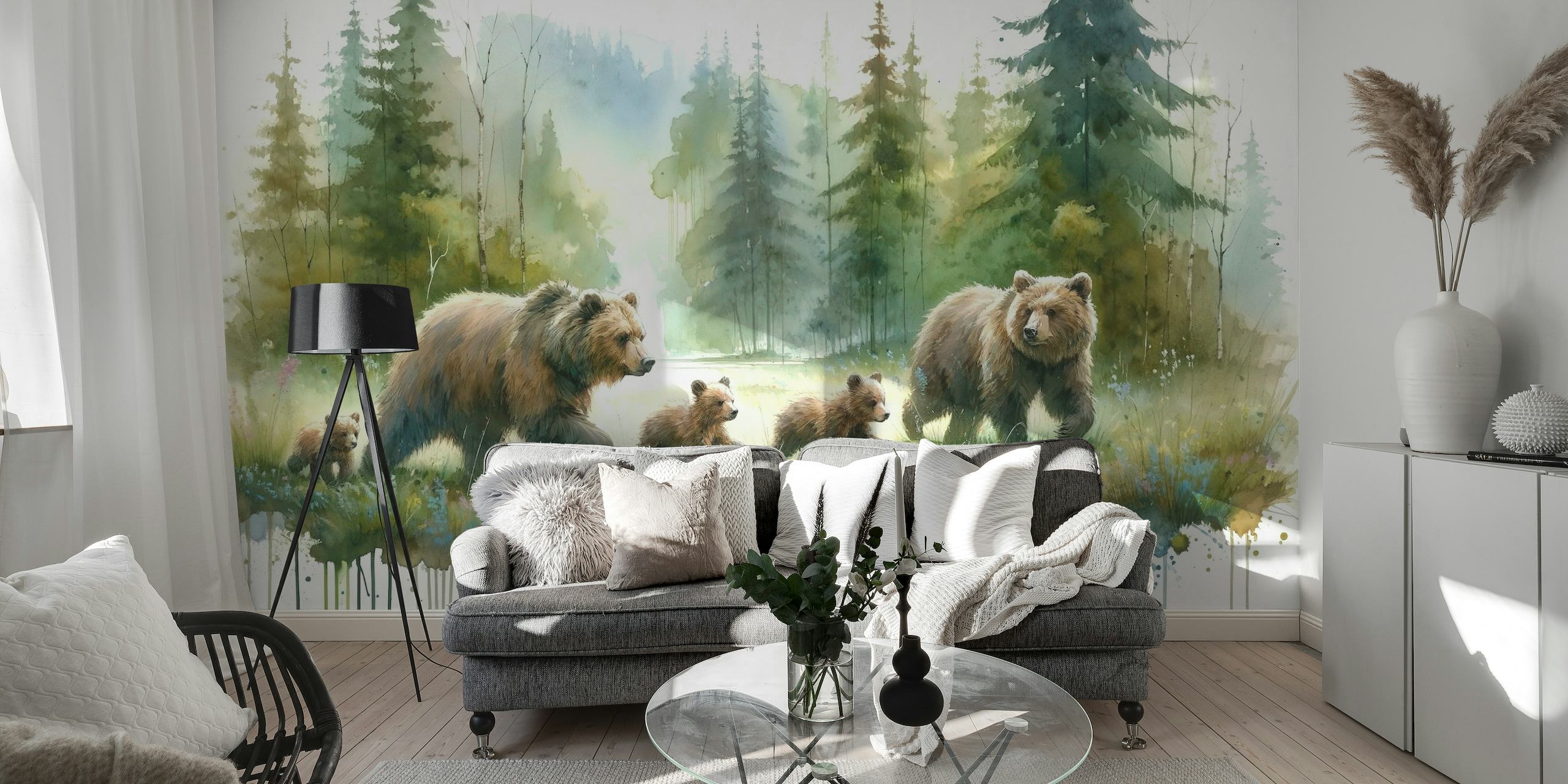 Watercolor Bear Family In The Forest tapetit