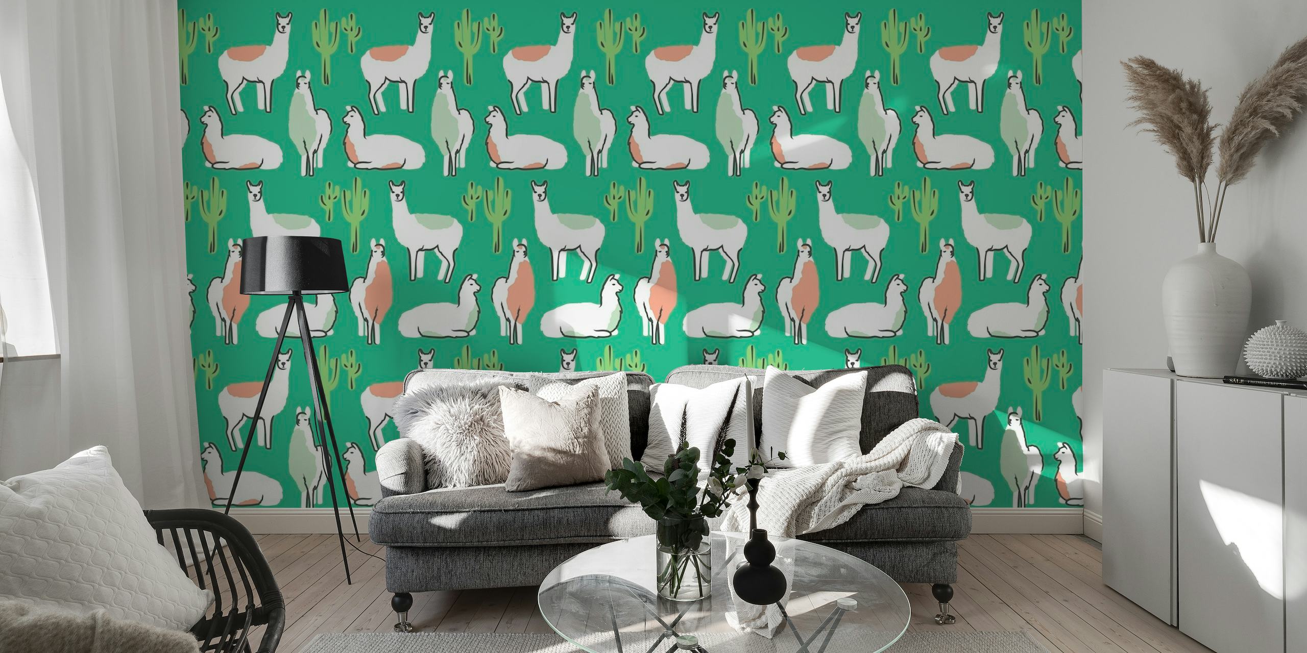 Happy Llama Pattern Green wallpaper