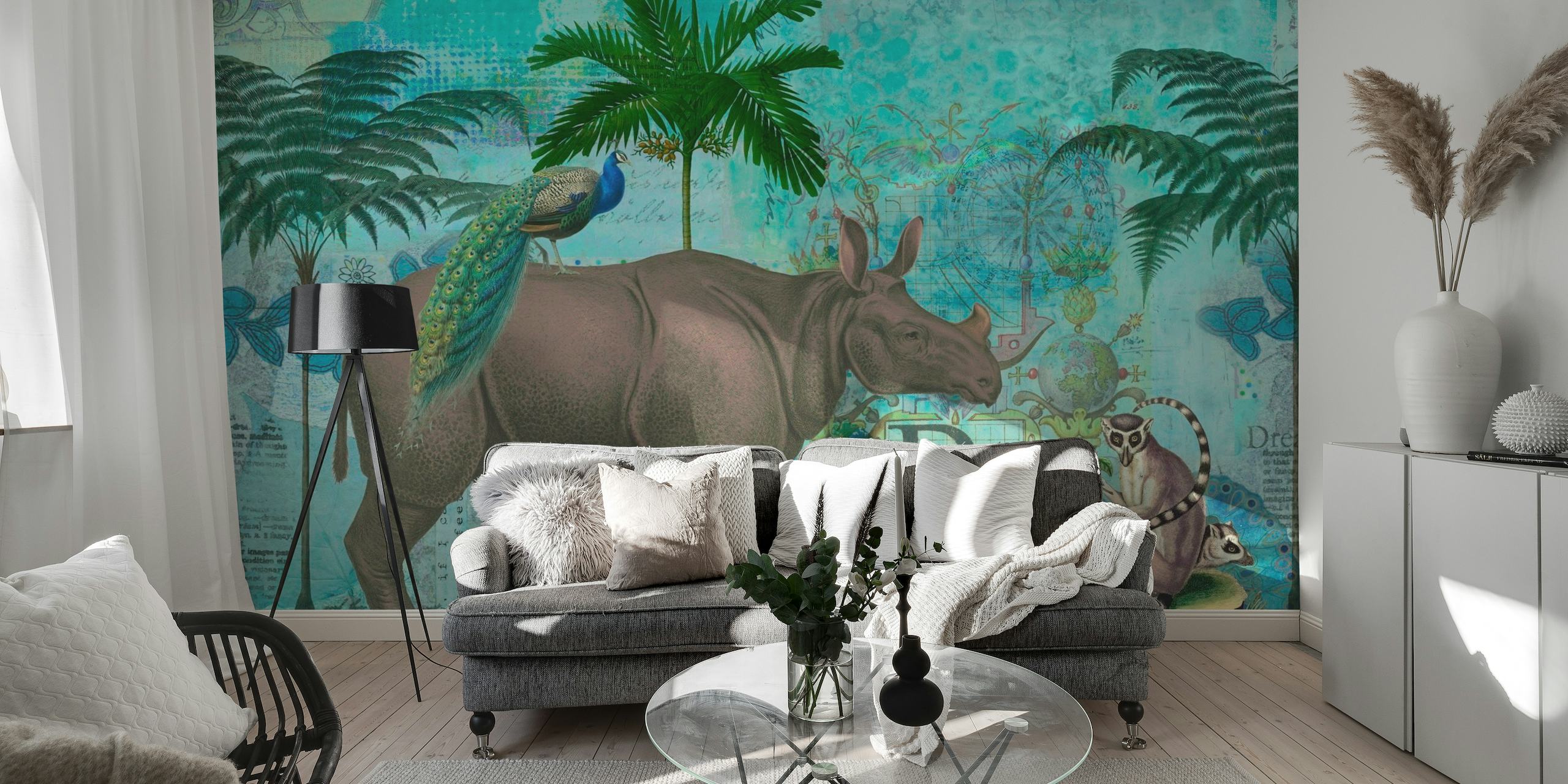 Rhino Kingdom Vintage Illustration Teal papel de parede