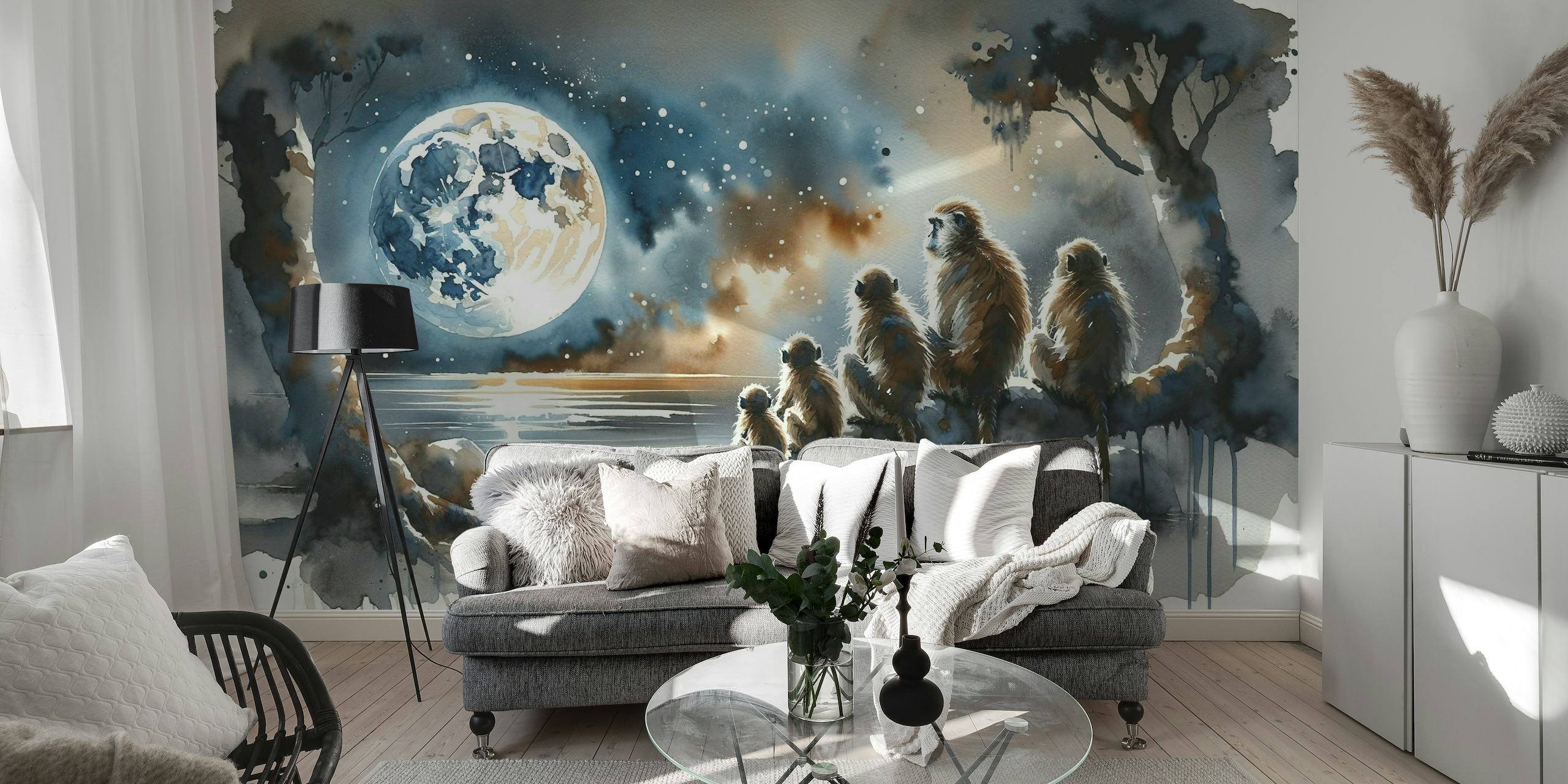 Monkey Family Night Giant Moon Watercolor papiers peint