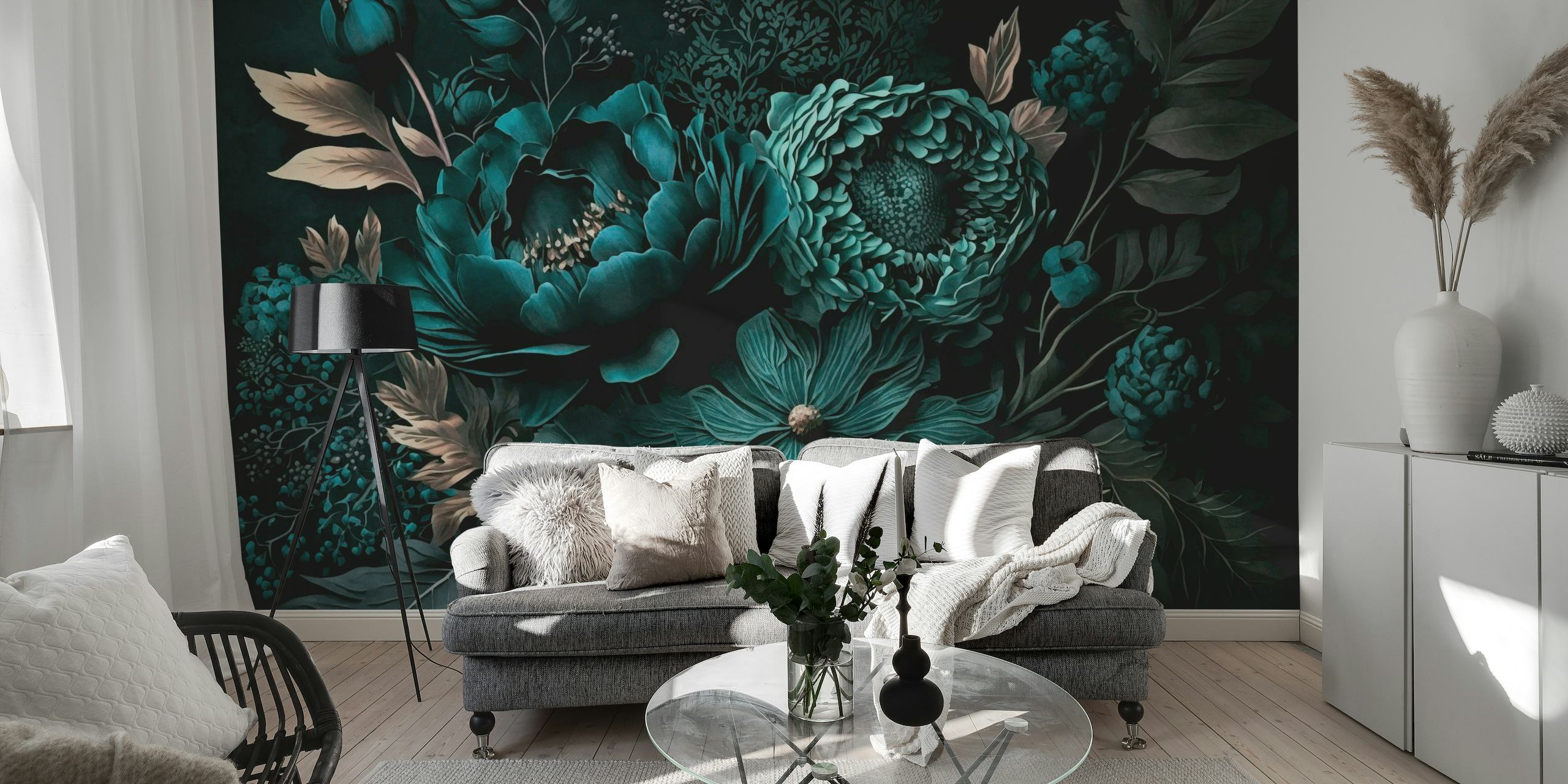 Renaissance Vibes Moody Flowers Turquoise wallpaper