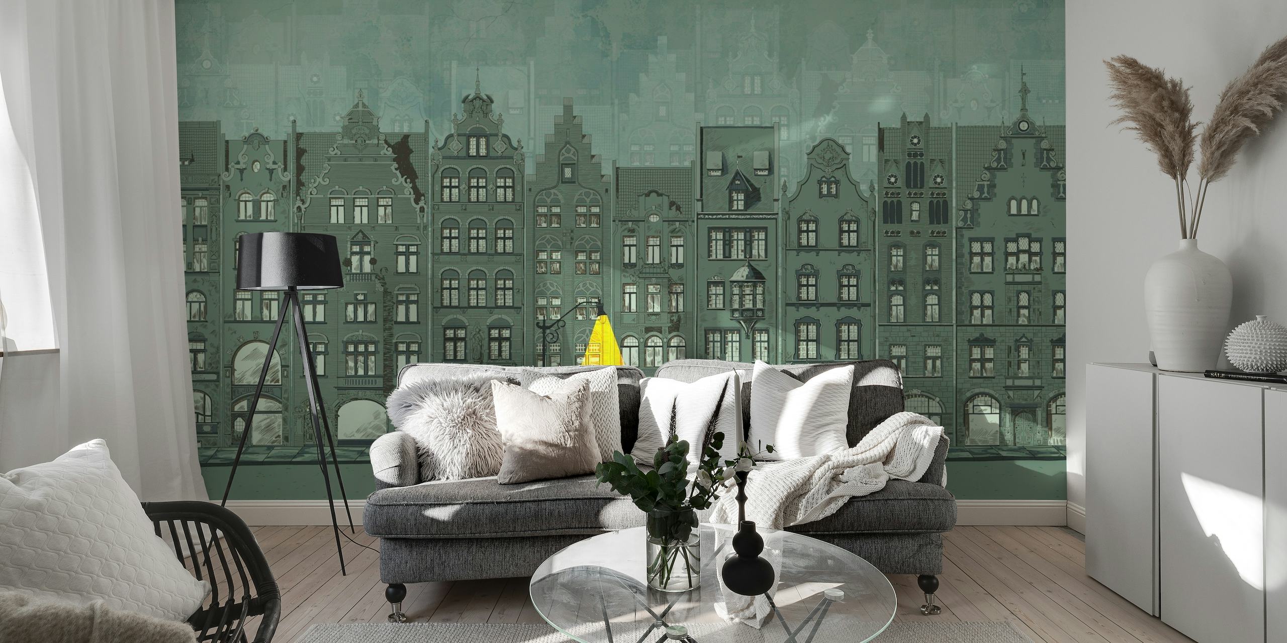 Graphic mural of Amsterdam houses papel pintado