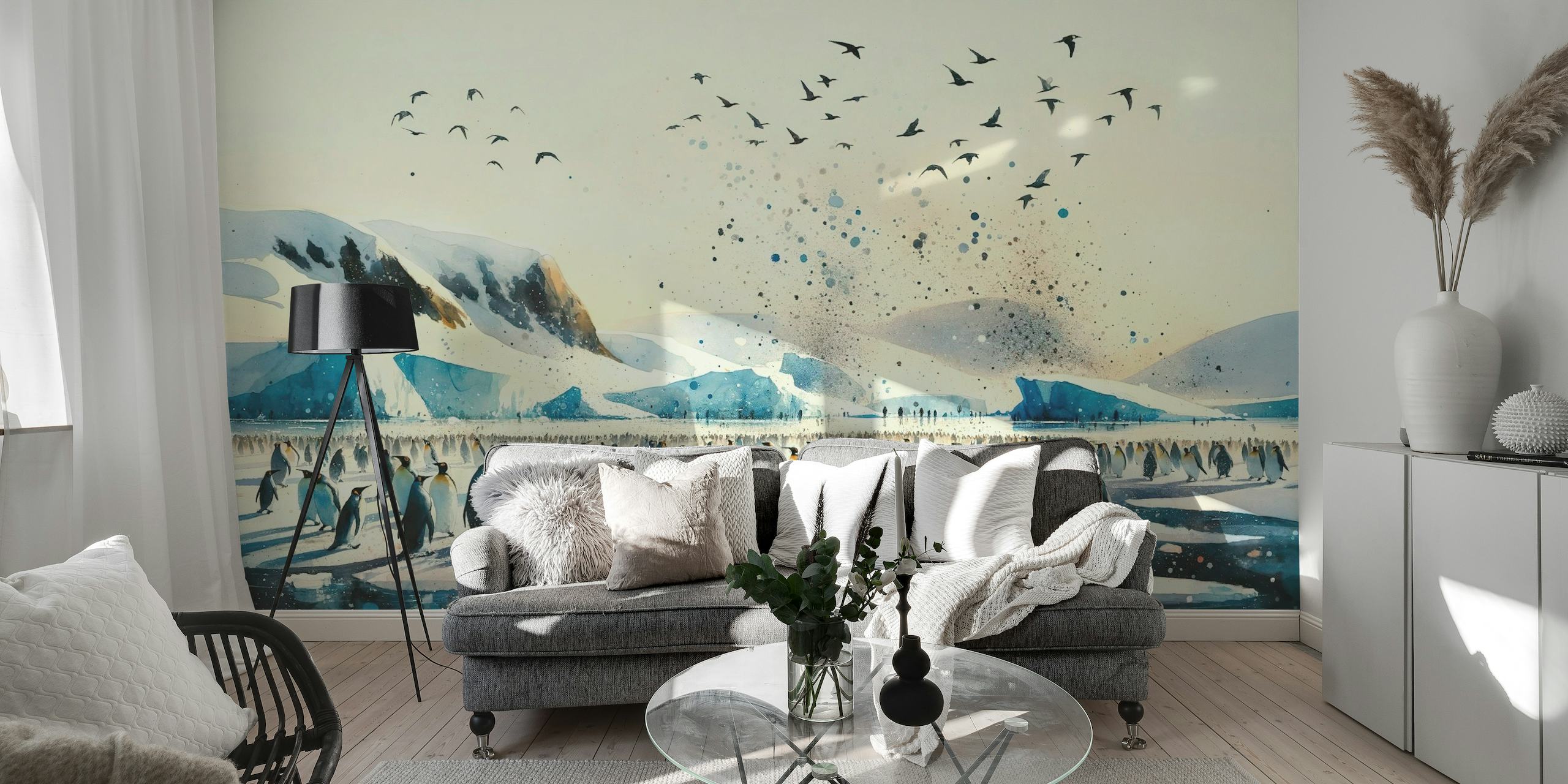 Antarctic landscape with penguins and flying birds wall mural
