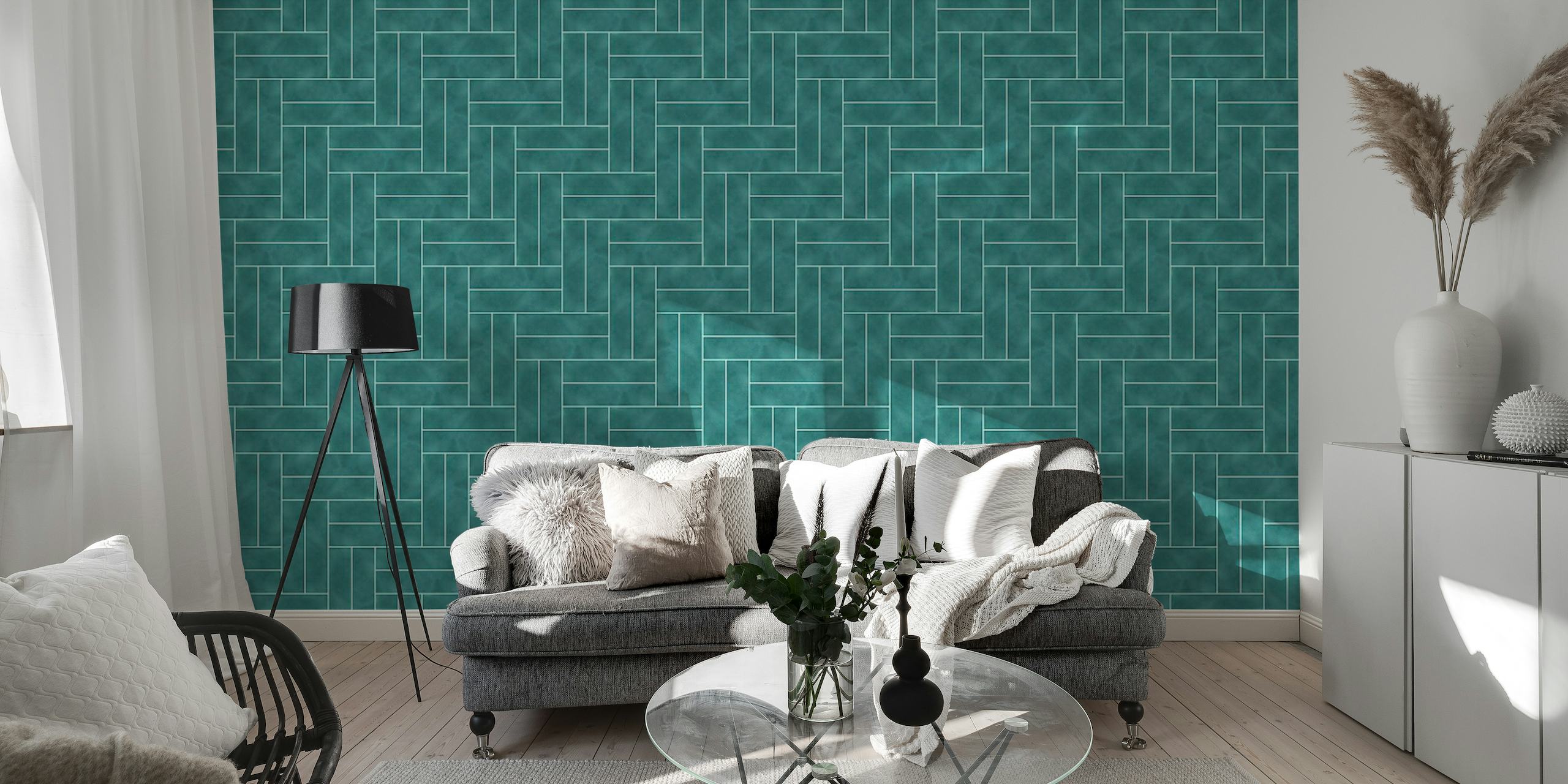 Double block herringbone tiles emerald papel de parede