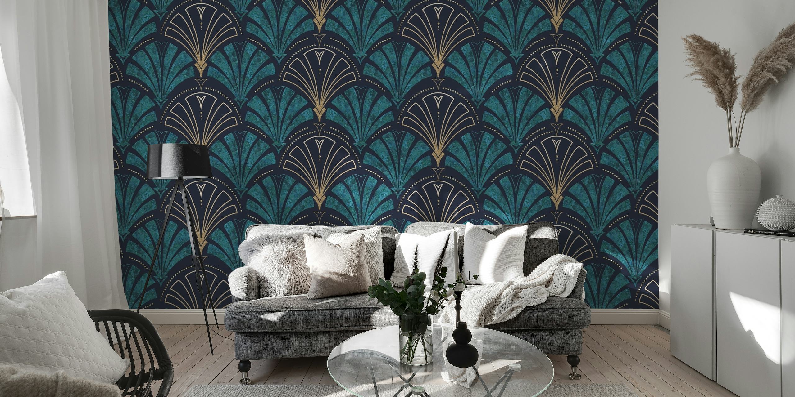 192s Gatsby-Inspired Gold and Teal Art Deco Wallpaper
